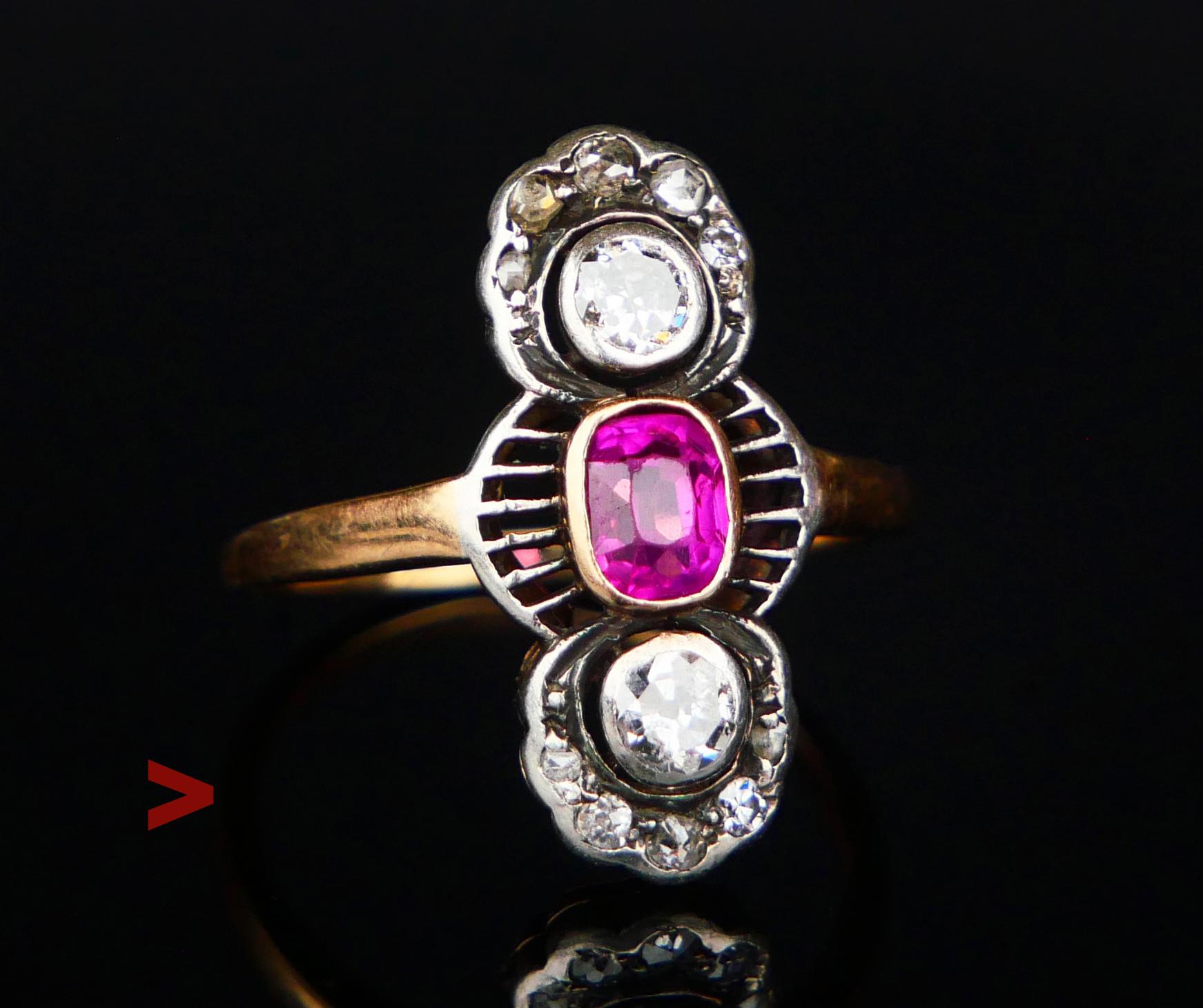 Beautiful German Art Nouveau period Ruby and Diamonds Ring with parts in solid 14K Yellow Gold and White Gold / or Silver.

Ca. 1900s -1910s, no hallmarks. Band and bridge in solid 14K Yellow Gold. Openwork Crown in White Gold or Silver  : 20 mm