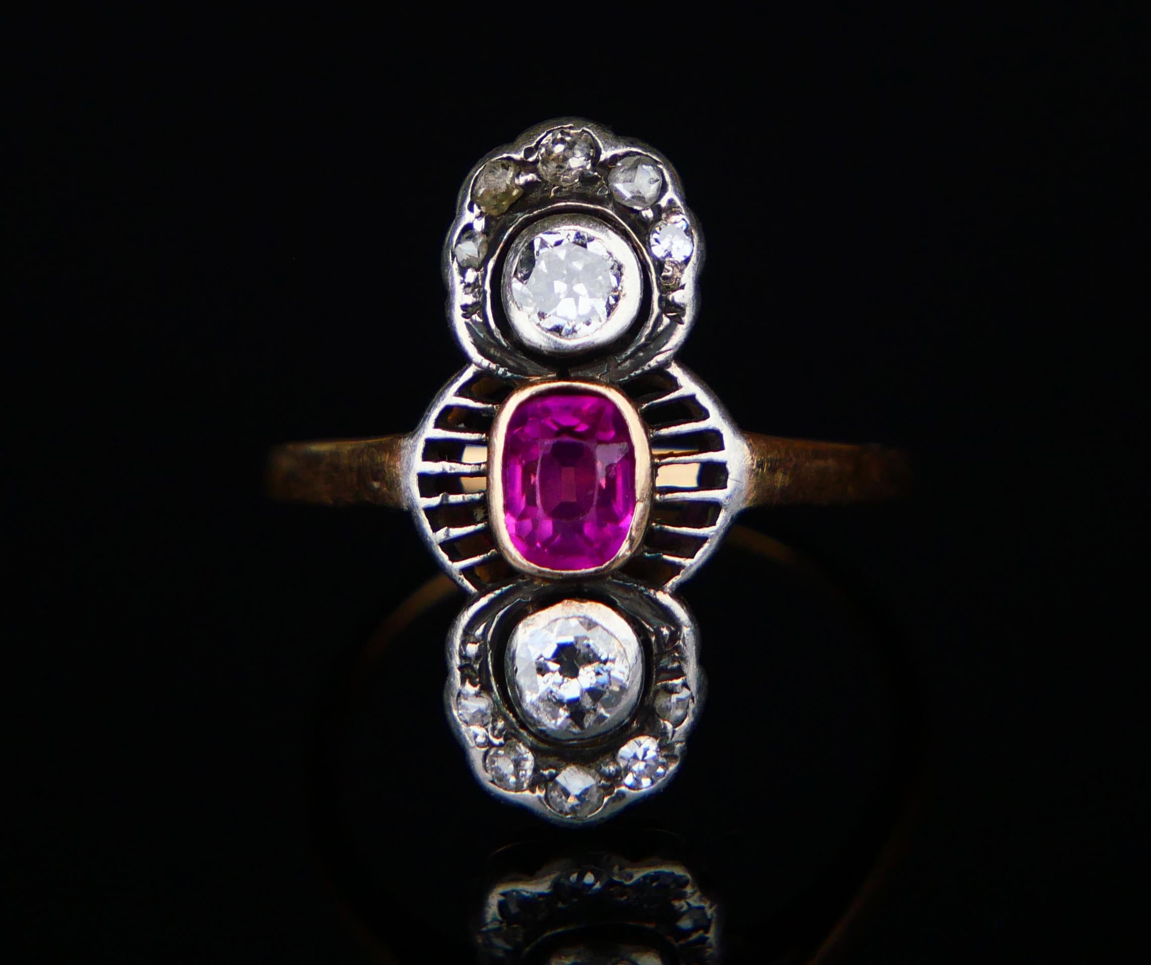 Old European Cut Antique Ring 0.6 ct. Ruby 0.5 ctw Diamonds 14K Gold ØUS 5.5 / 3 gr For Sale