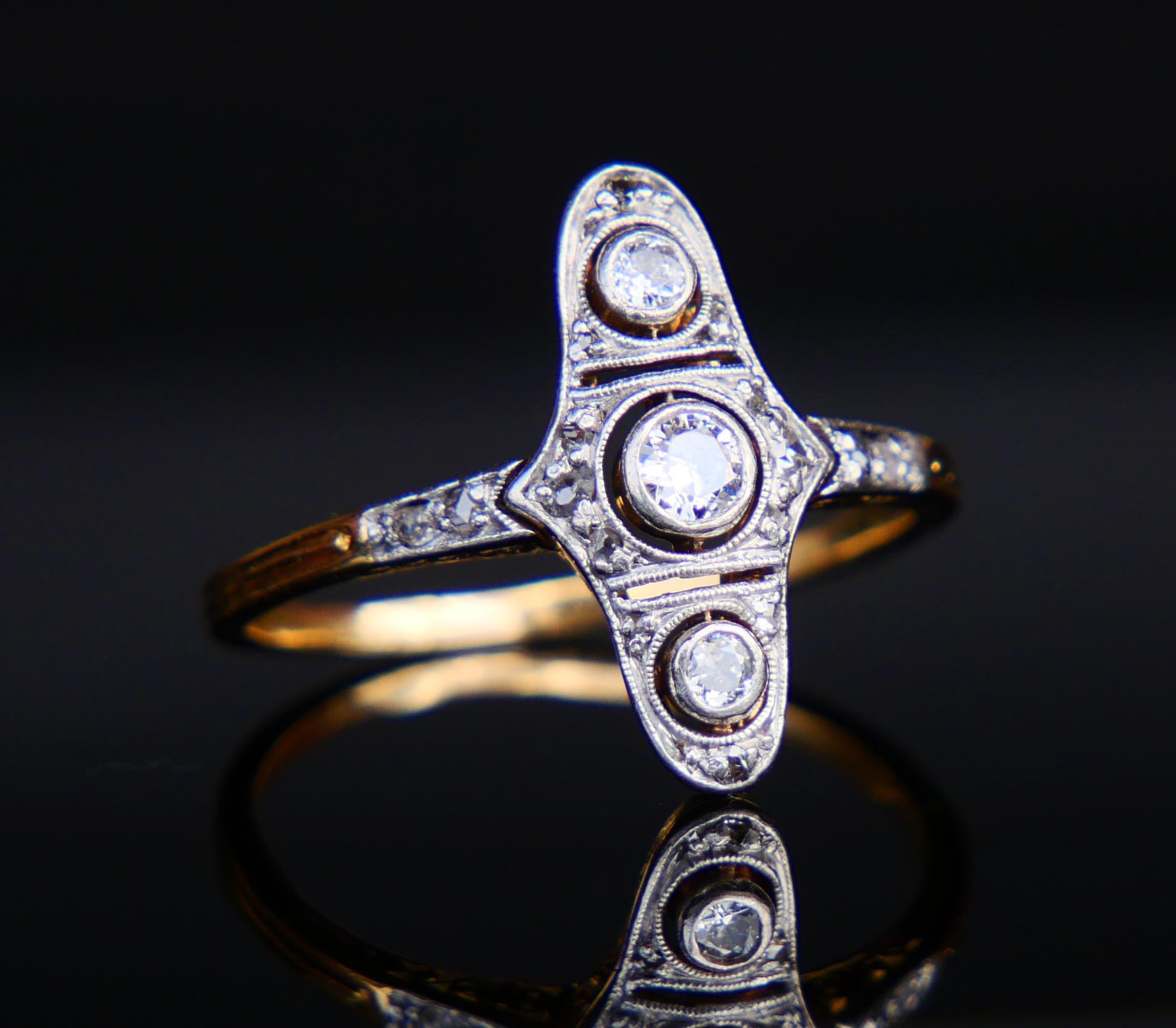 Antiker Ring 0,6 ctw Diamanten massiv 18K Gelbgold Platin Ø US8/ 3,1 gr (Art déco) im Angebot