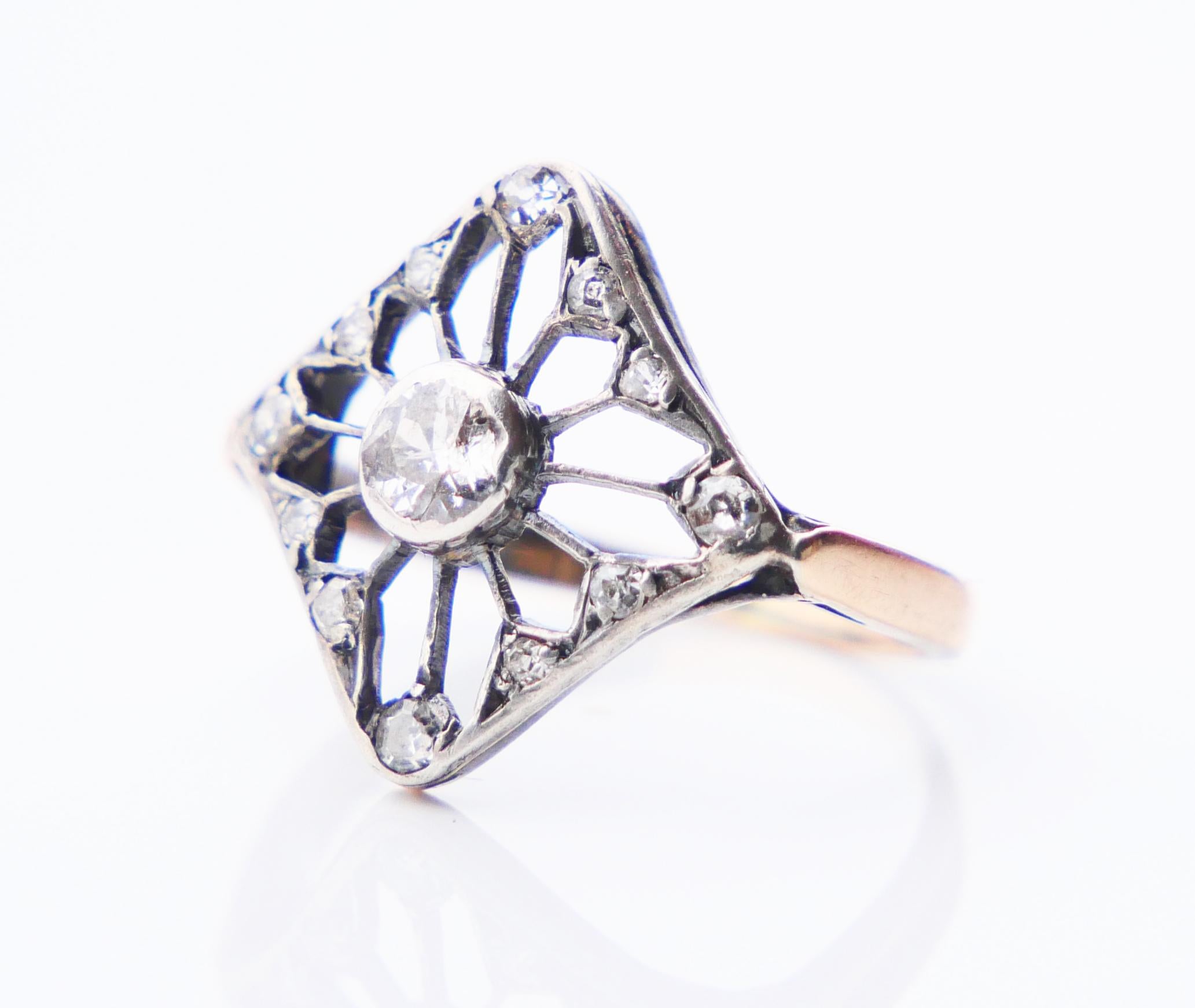 Art Nouveau Antique Ring 0.65 ctw Diamonds solid 14K Rose Gold Silver Ø US 3.25/ 1.59 gr For Sale