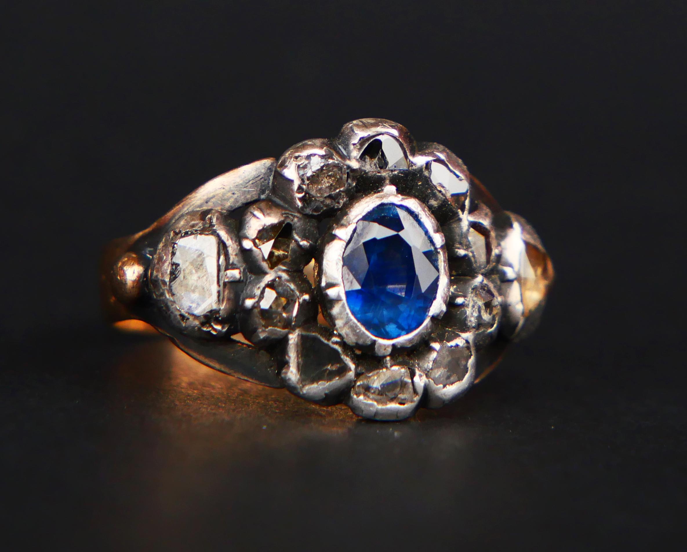 Antique Ring 0.7ct Sapphire 1ctw. Diamonds 18K Rose Gold Silver Ø 7US /5gr For Sale 5