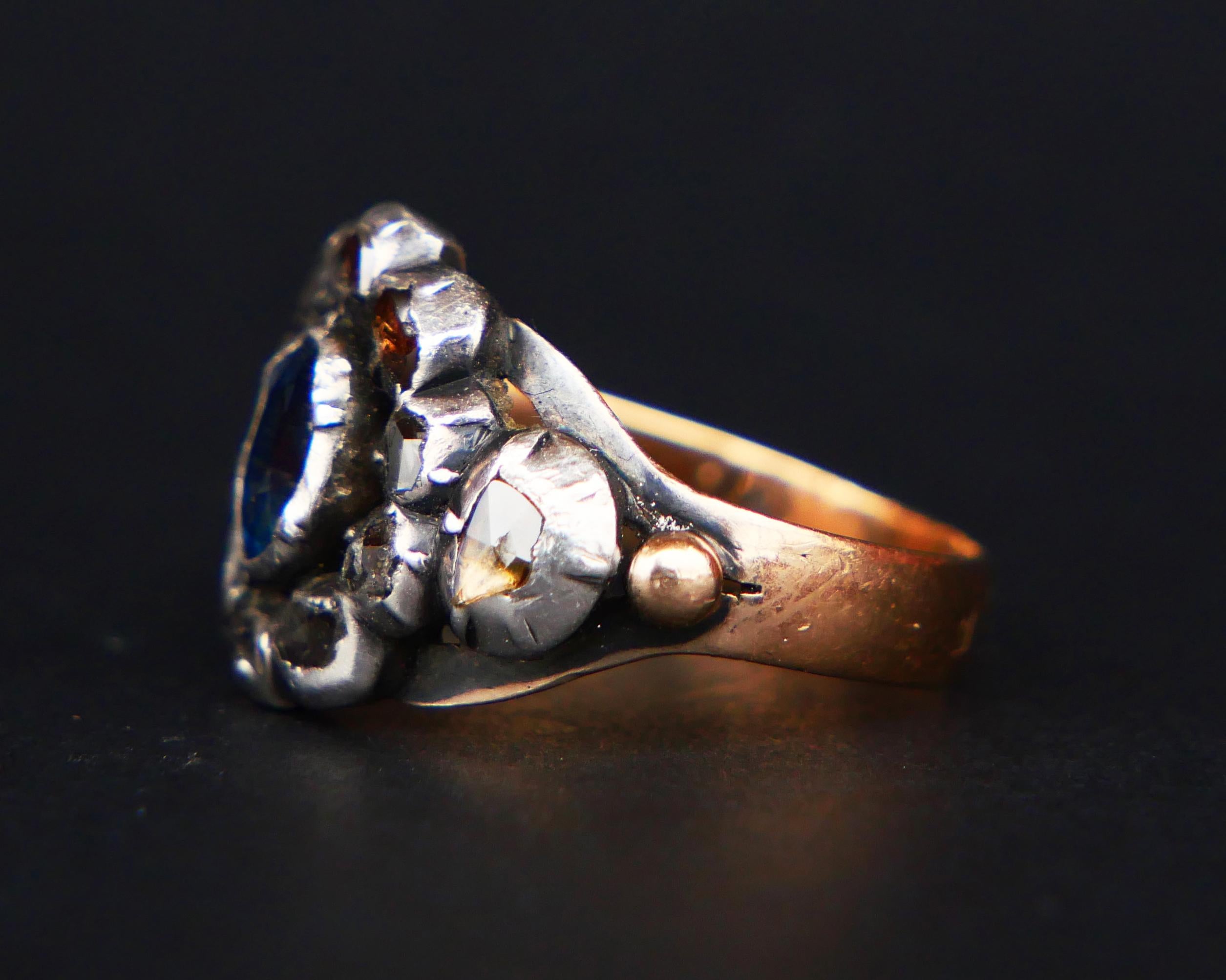 Antique Ring 0.7ct Sapphire 1ctw. Diamonds 18K Rose Gold Silver Ø 7US /5gr For Sale 6