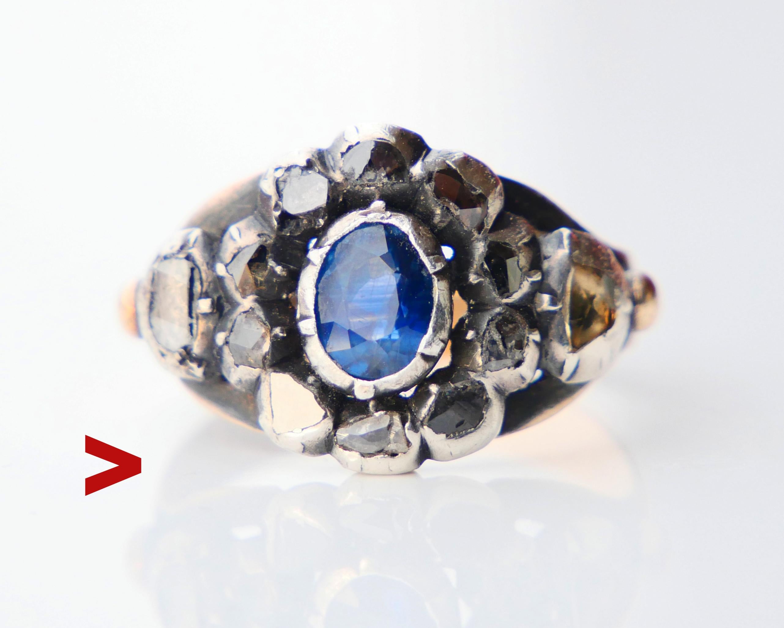 Beautiful ca. XIX -early XX-century antique Halo type ring. Band in tested 18K Rose Gold. The Crown's top in Silver decorated with natural oval diamond cut Sapphire of medium Blue color,internal structure typical for naturals, measures 6.5 mm x 4.5