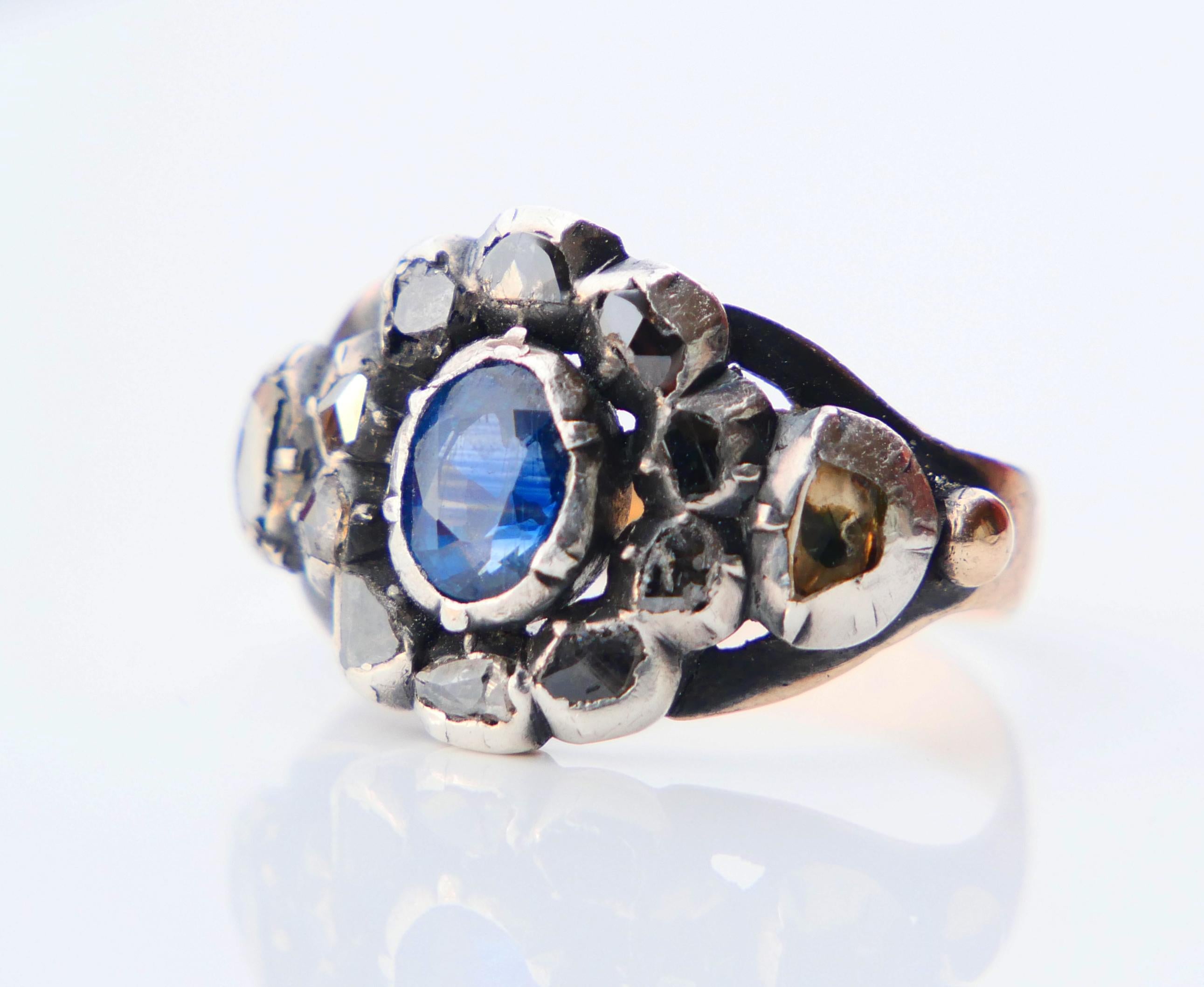 Modernist Antique Ring 0.7ct Sapphire 1ctw. Diamonds 18K Rose Gold Silver Ø 7US /5gr For Sale