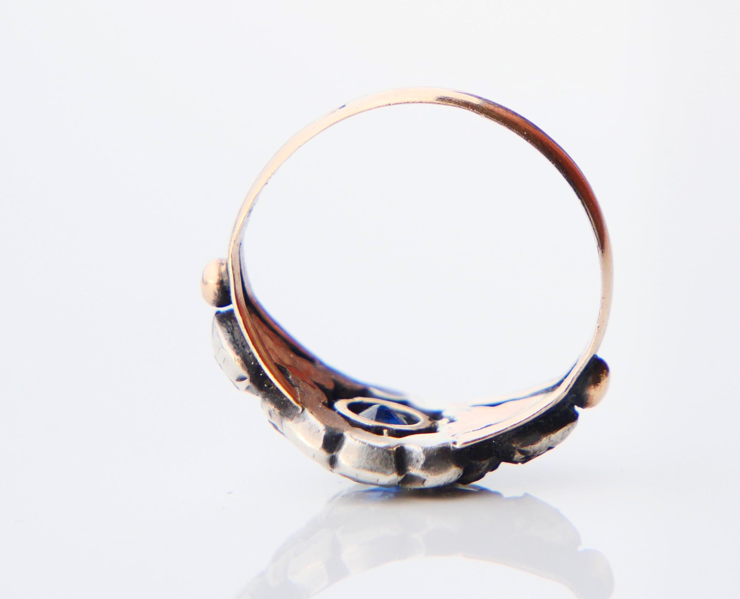 Women's Antique Ring 0.7ct Sapphire 1ctw. Diamonds 18K Rose Gold Silver Ø 7US /5gr For Sale