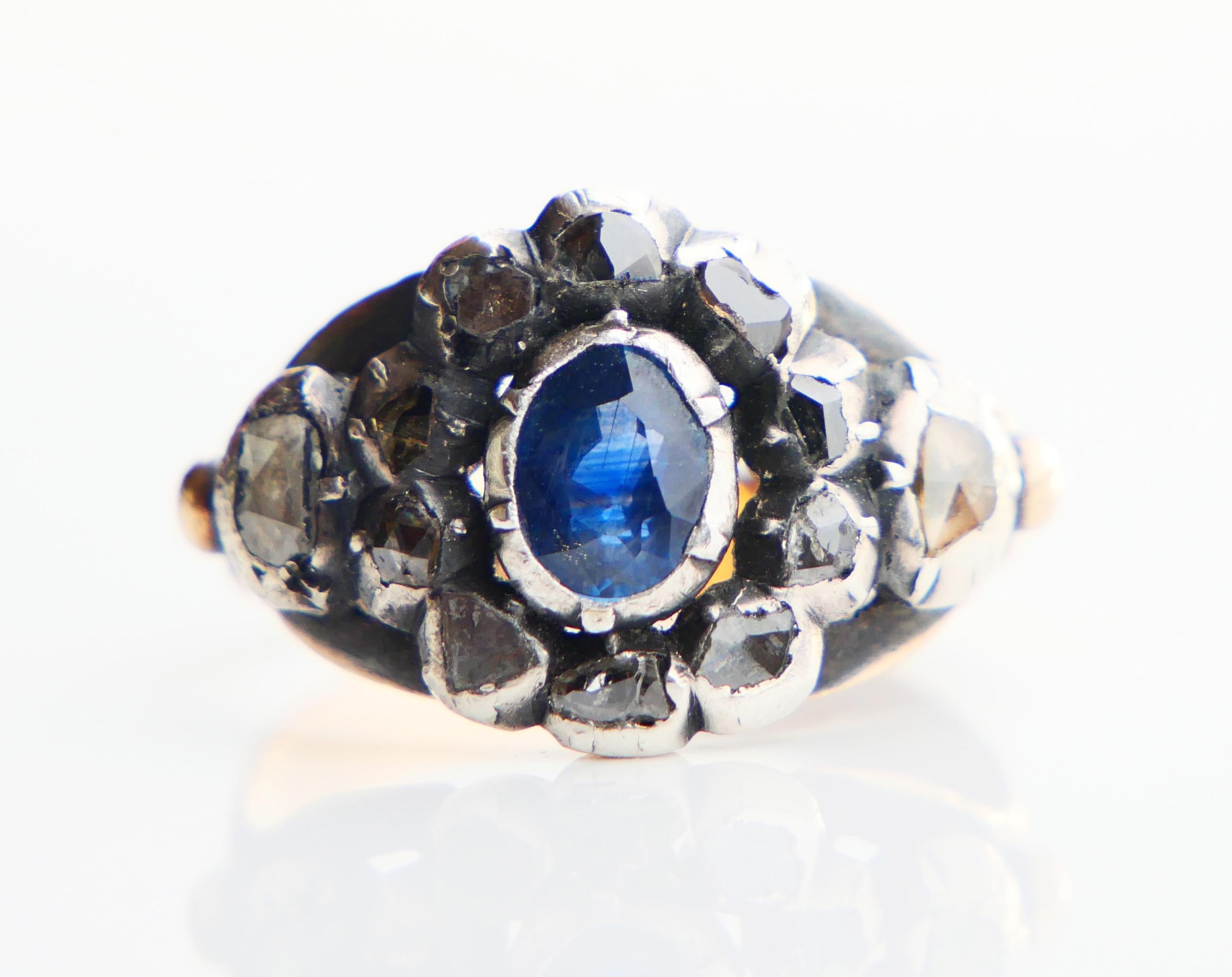 Antique Ring 0.7ct Sapphire 1ctw. Diamonds 18K Rose Gold Silver Ø 7US /5gr For Sale 1