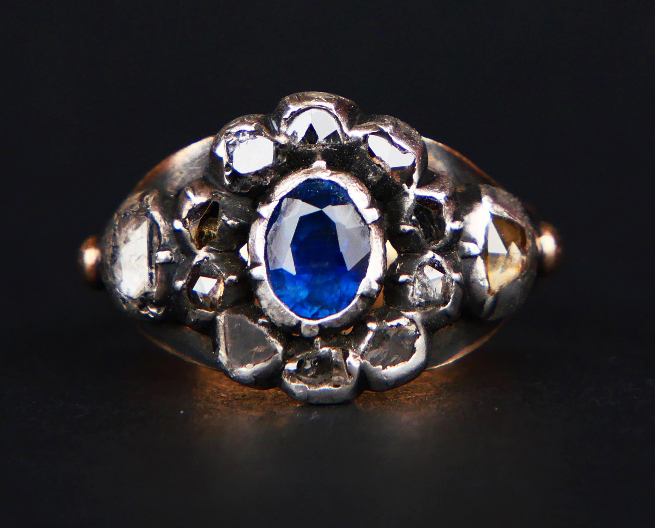 Antique Ring 0.7ct Sapphire 1ctw. Diamonds 18K Rose Gold Silver Ø 7US /5gr For Sale 4