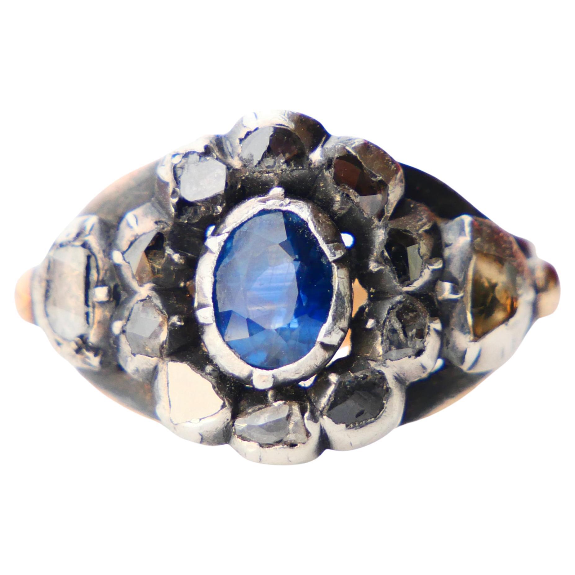 Antique Ring 0.7ct Sapphire 1ctw. Diamonds 18K Rose Gold Silver Ø 7US /5gr For Sale