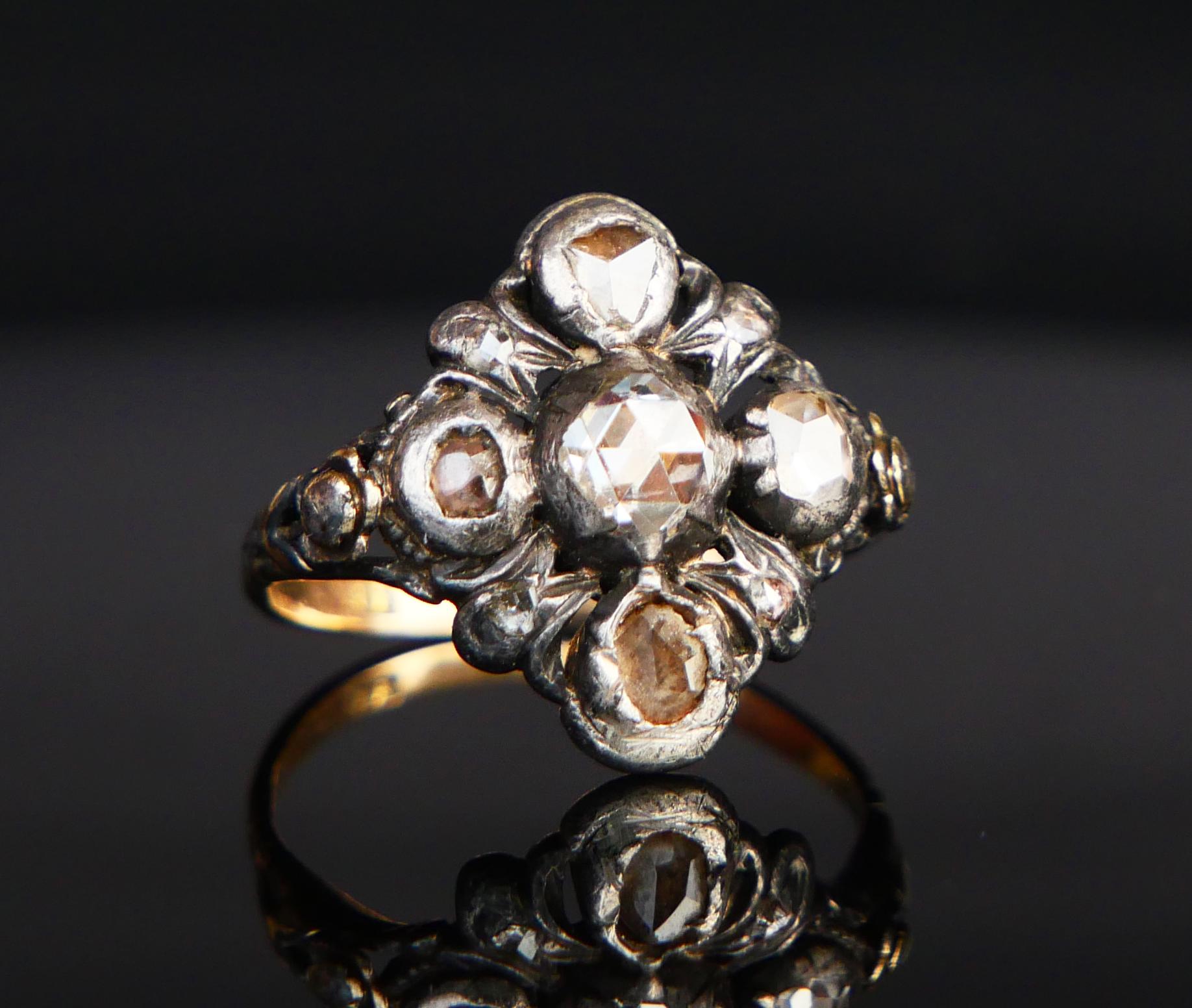 Old European Cut Antique Ring 1 ctw. Diamonds solid 18K Gold Silver US6 / 3.8gr For Sale