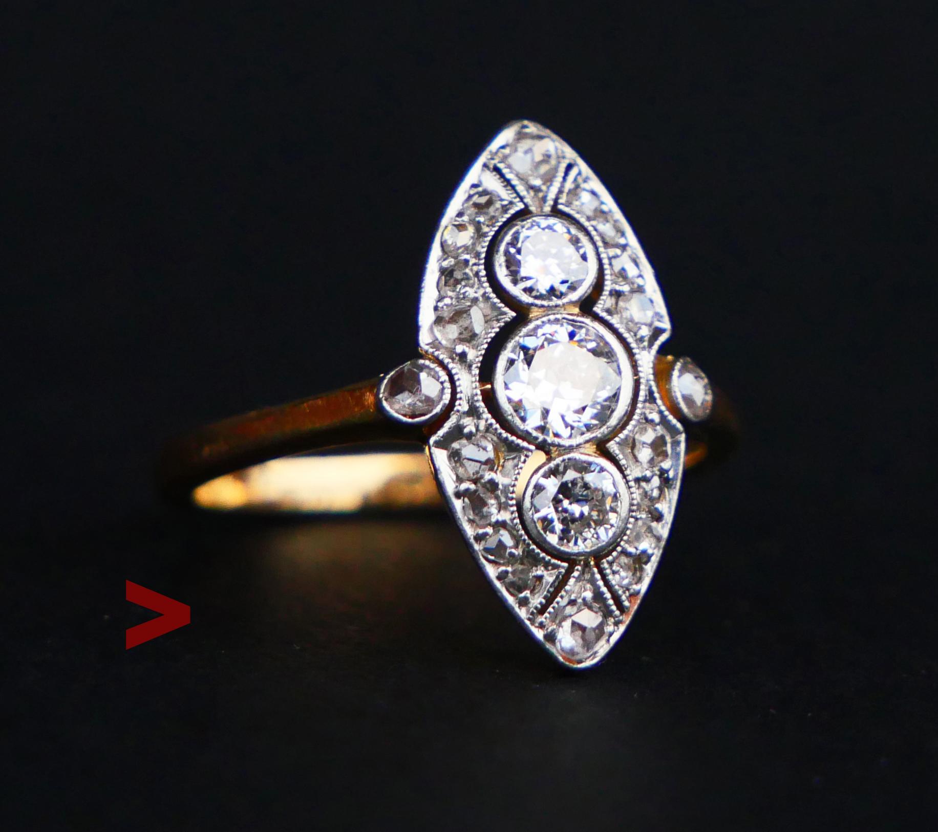 Old cluster ring, a fine example of design very popular in early 20th century period.Combination of Gold, Platinum, and Diamonds of different cuts.
Platinum on Gold openwork convex crown with 23 diamond stones. Band tested solid 18K Yellow Gold,