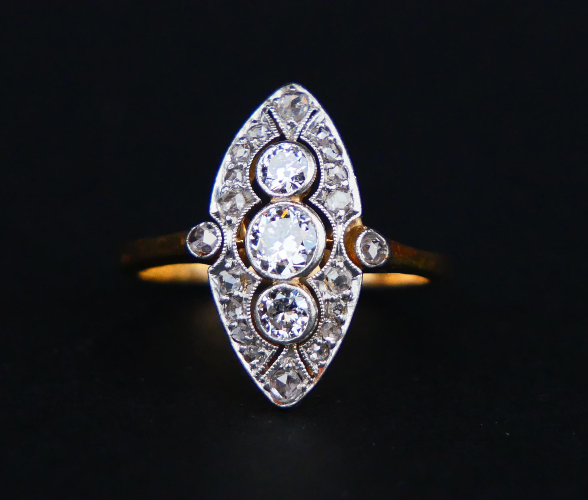 Art Deco Antique Ring 1 ctw Diamonds solid 18K Yellow Gold Platinum Ø US 3.75/ 2.6gr For Sale