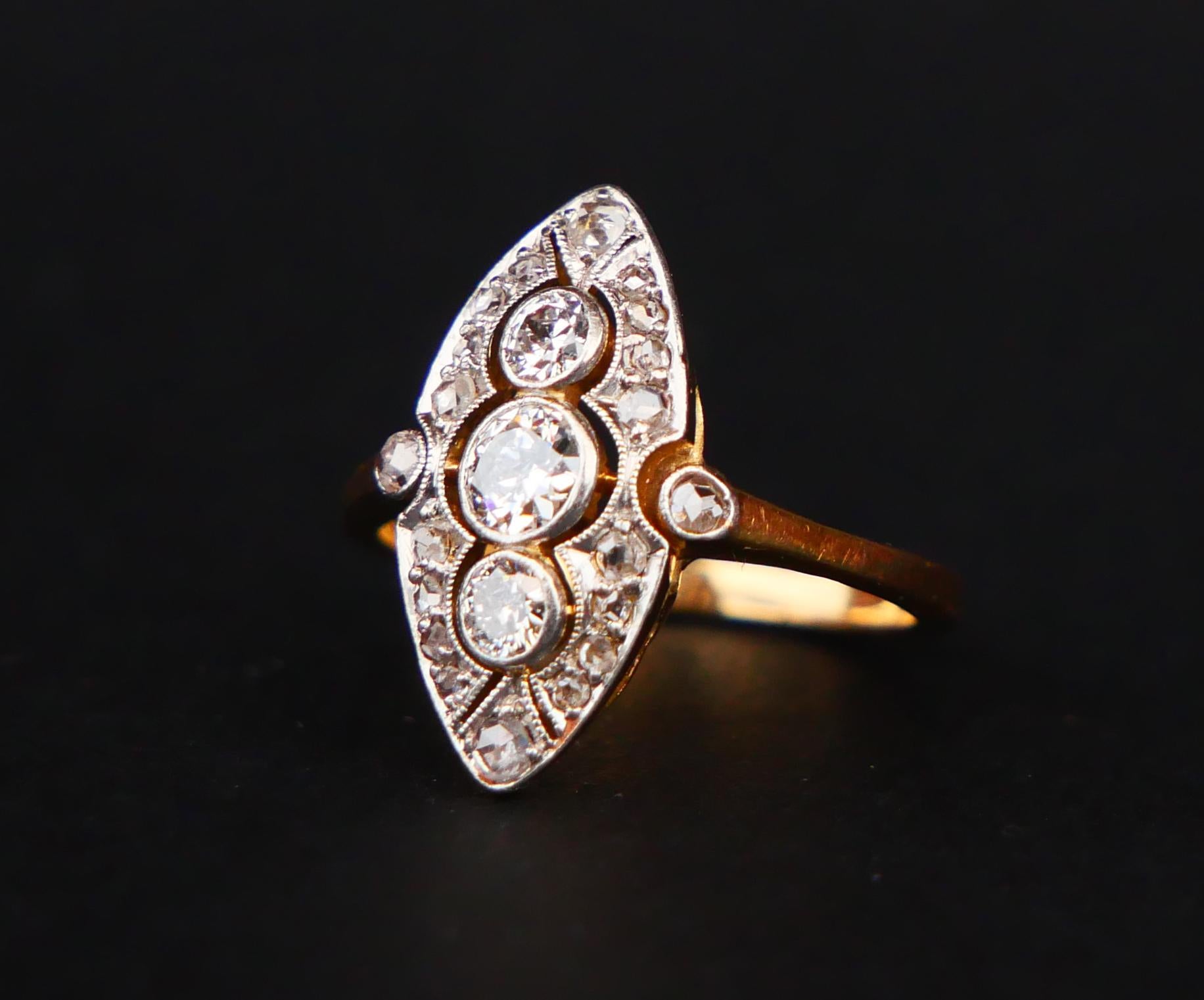 Antiker Ring 1 ctw Diamanten massiv 18K Gelbgold Platin Ø US 3.75/ 2.6gr im Angebot 1
