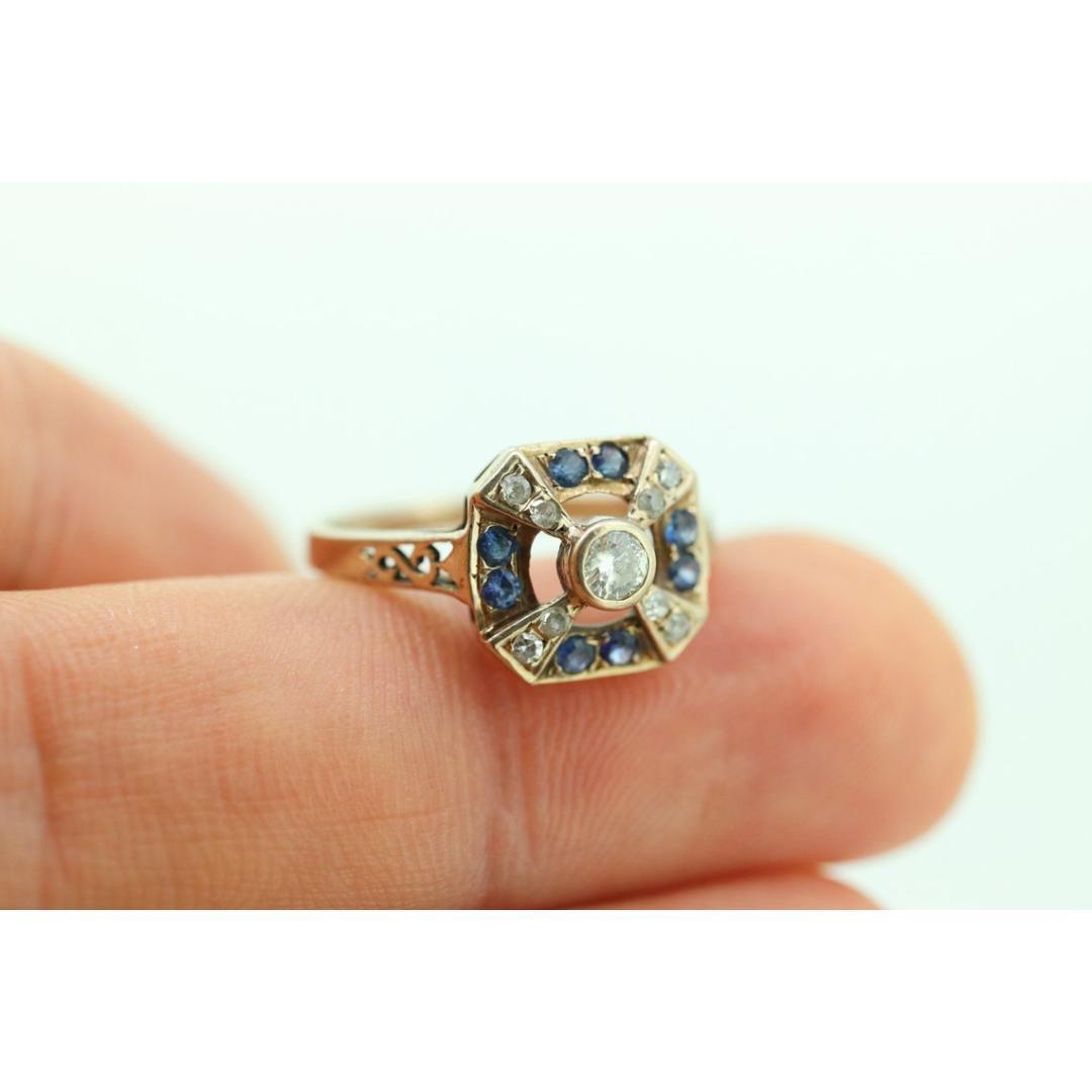 Antique ring. 10k diamond and sapphire shield ring. 10k White Gold Art Deco For Sale 6