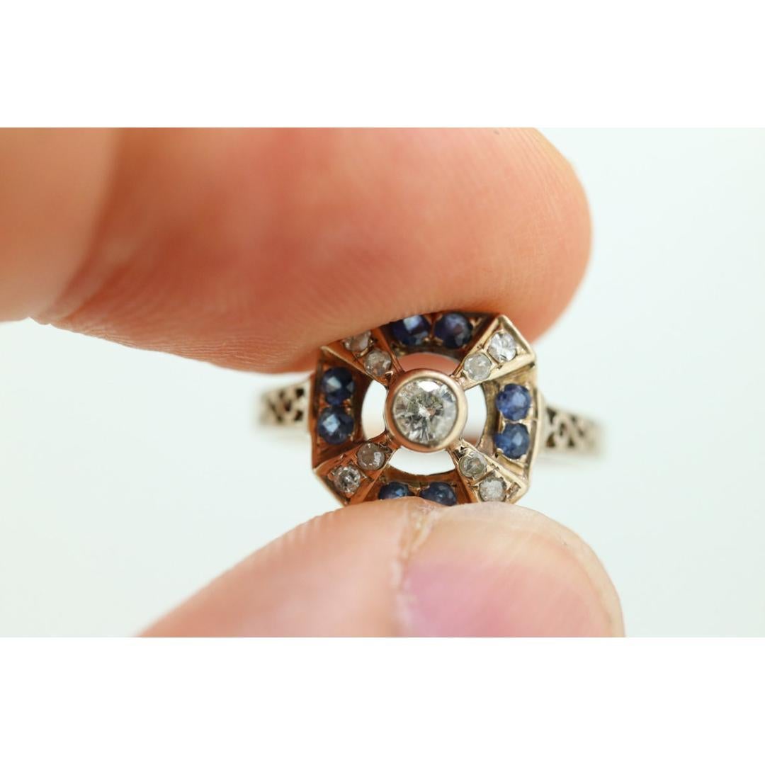 Antique ring. 10k diamond and sapphire shield ring. 10k White Gold Art Deco For Sale 7