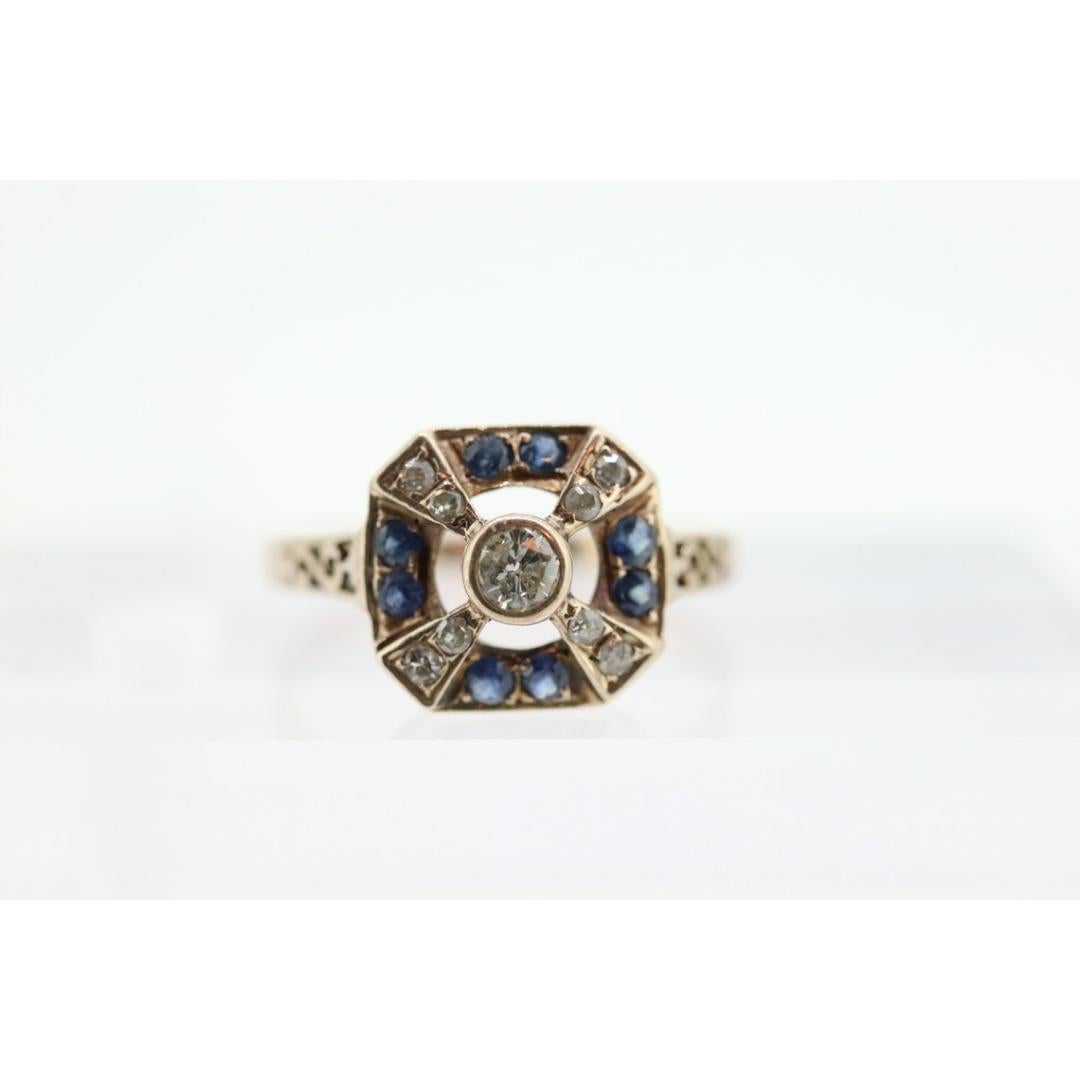 Antique ring. 10k diamond and sapphire shield ring. 10k White Gold Art Deco For Sale 1