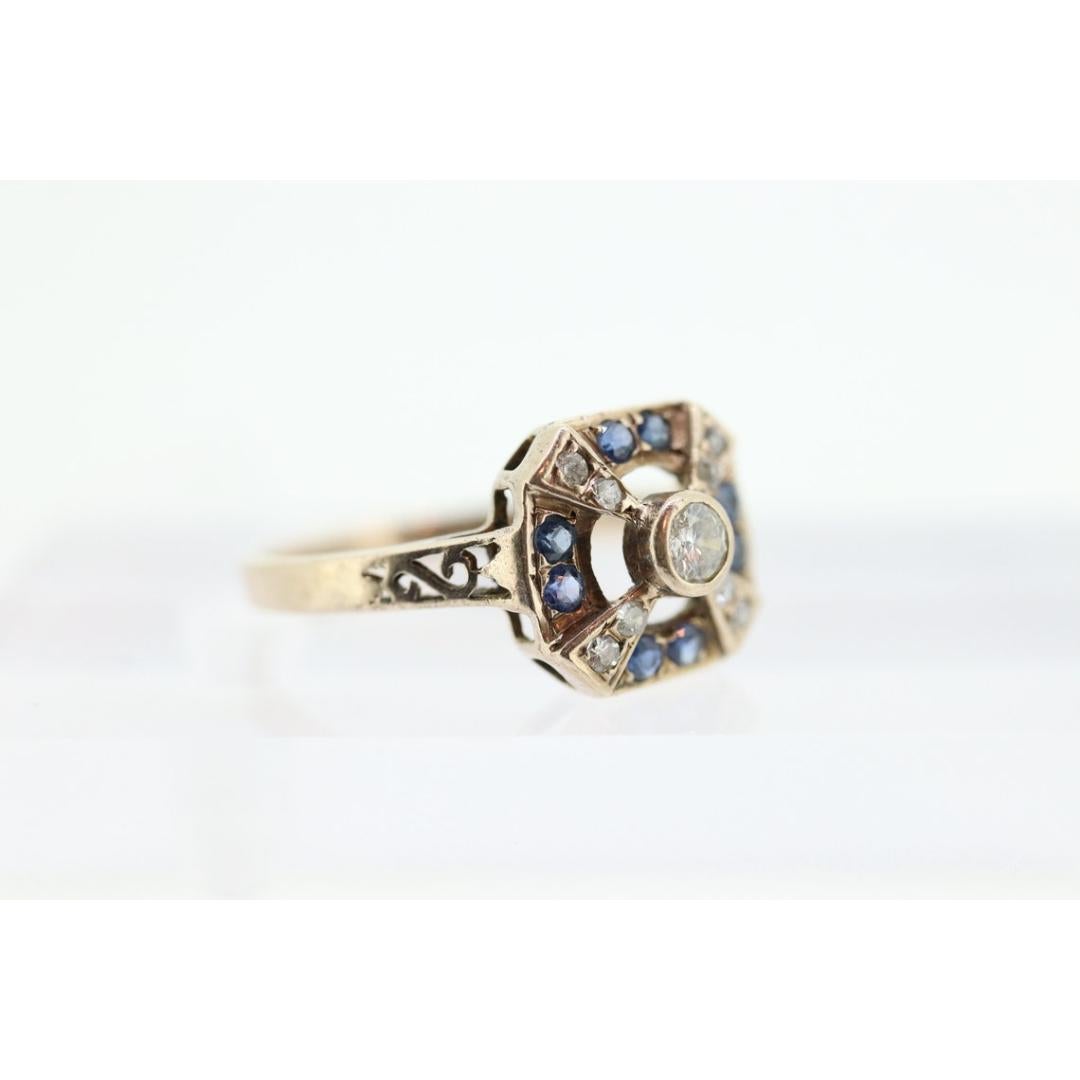 Antique ring. 10k diamond and sapphire shield ring. 10k White Gold Art Deco For Sale 2