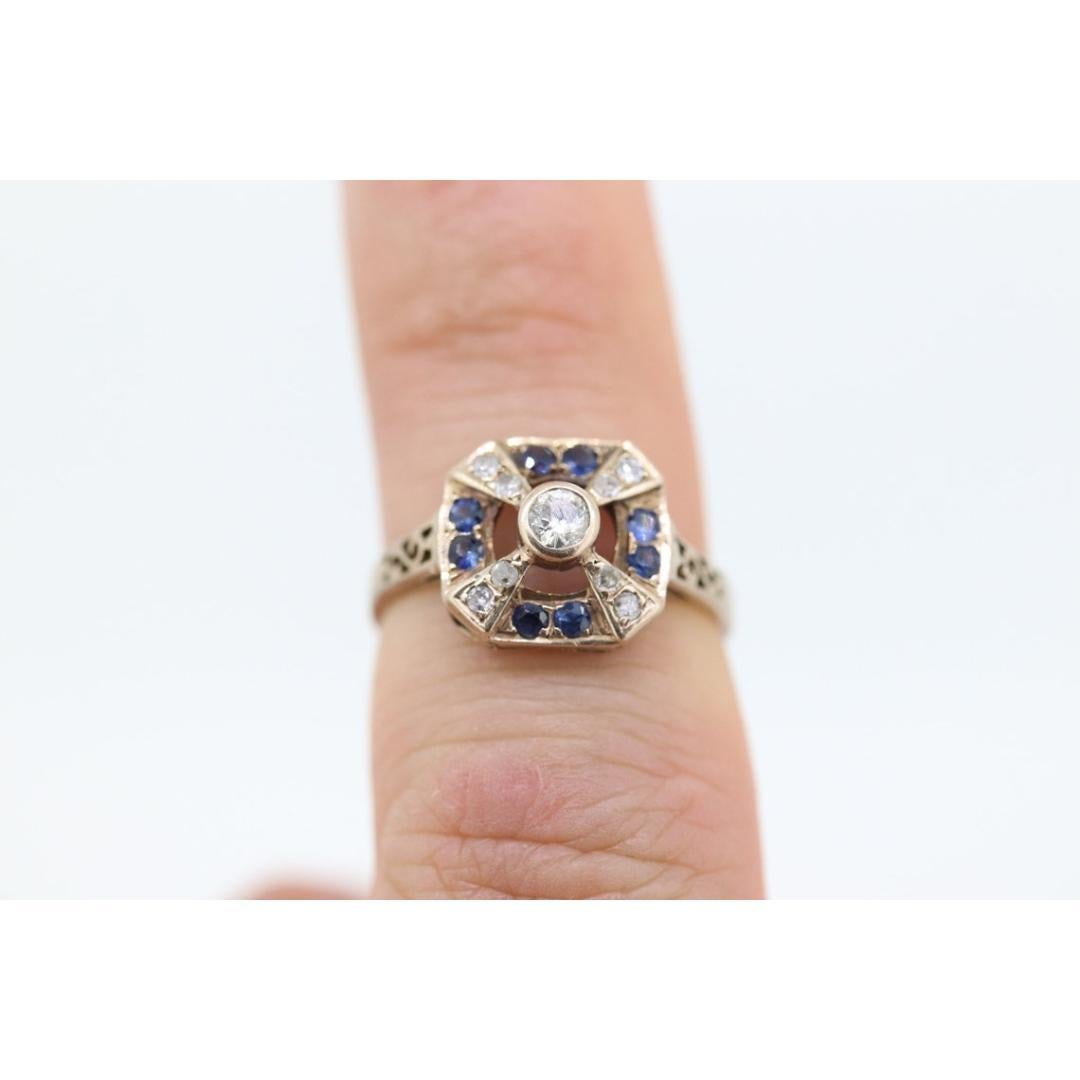 Antique ring. 10k diamond and sapphire shield ring. 10k White Gold Art Deco For Sale 5