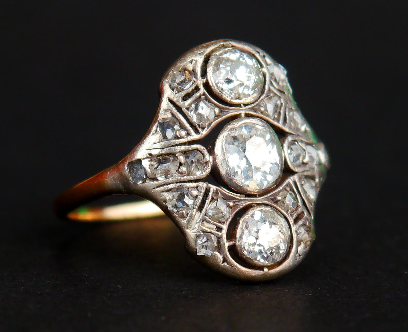 Art Deco Antique Ring 1.25 ctw Diamonds solid 14K Yellow Gold Silver ØUS6.5/ 2.4gr For Sale
