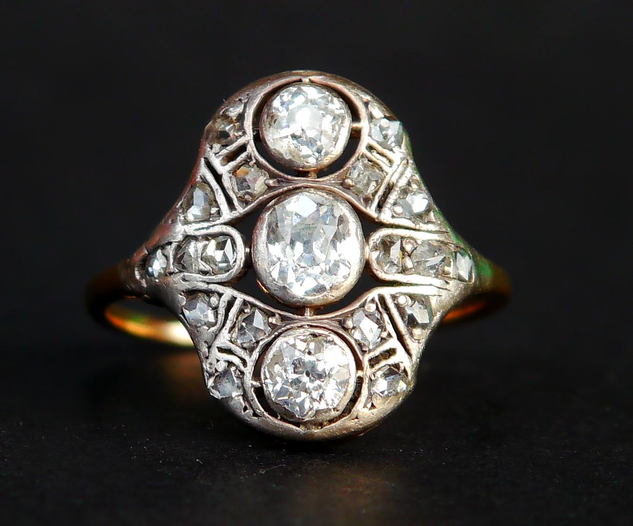 Old European Cut Antique Ring 1.25 ctw Diamonds solid 14K Yellow Gold Silver ØUS6.5/ 2.4gr For Sale