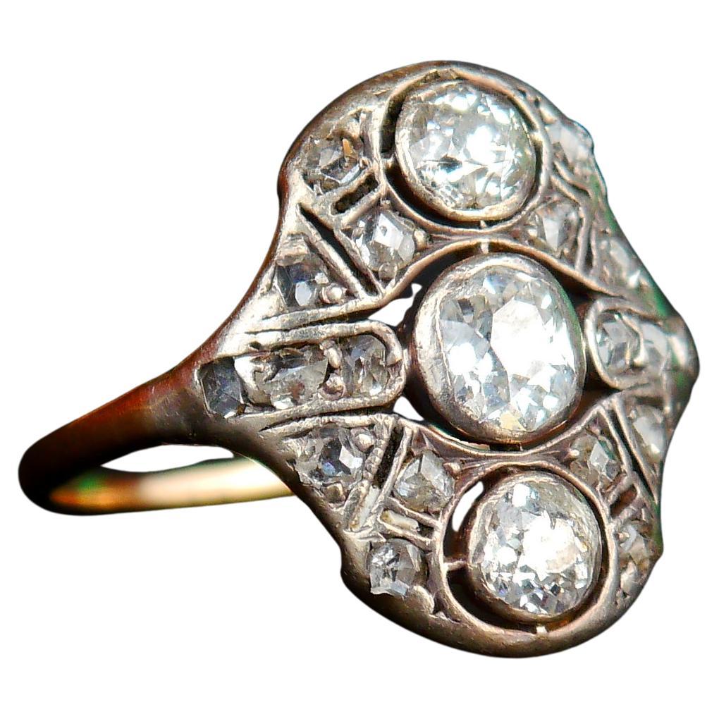 Antique Ring 1.25 ctw Diamonds solid 14K Yellow Gold Silver ØUS6.5/ 2.4gr For Sale