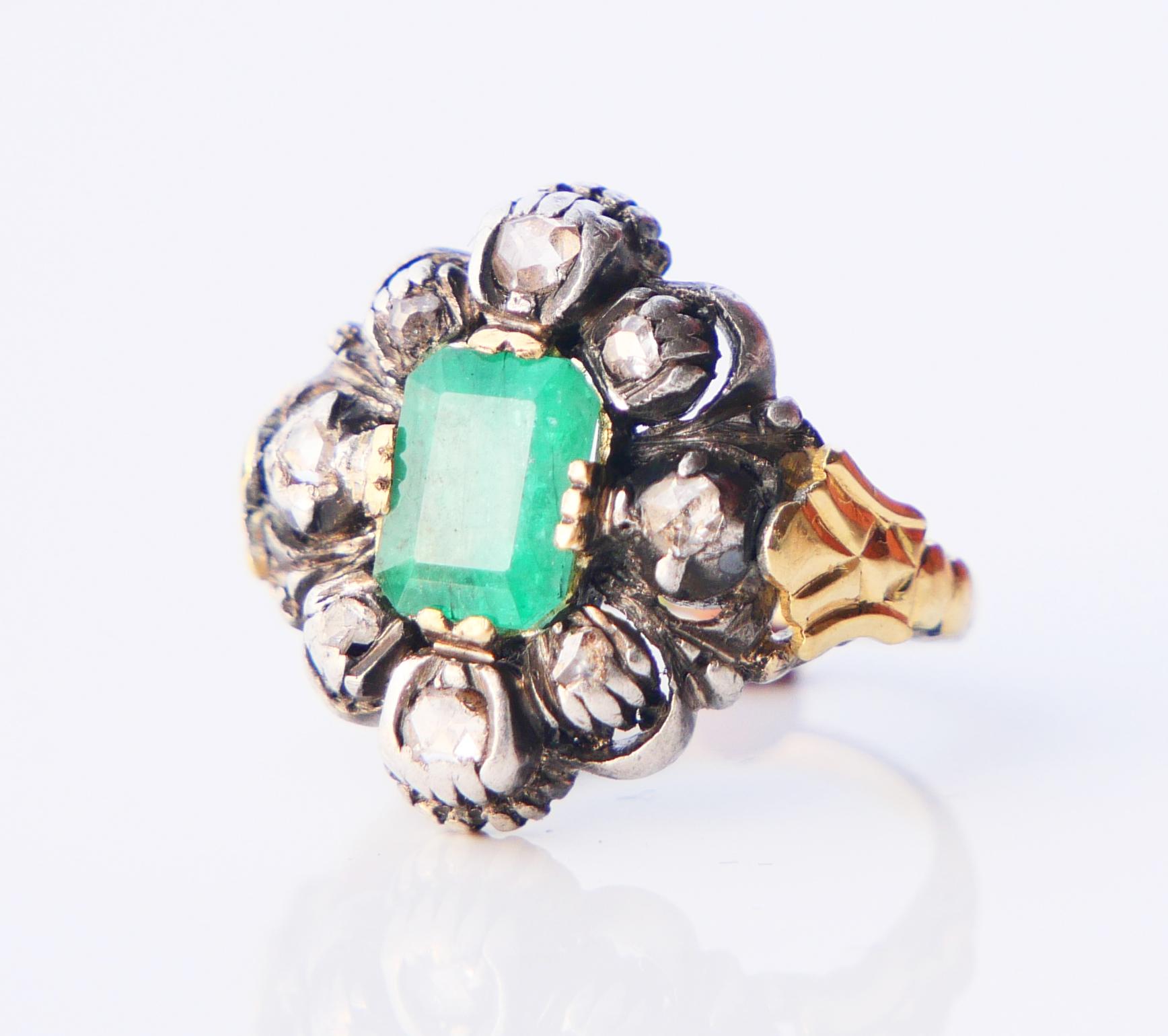 Antique Ring 1.25ct Emerald 0.5ctw Diamonds solid 18K Gold Silver ØUS4.5 /5.35gr For Sale 6