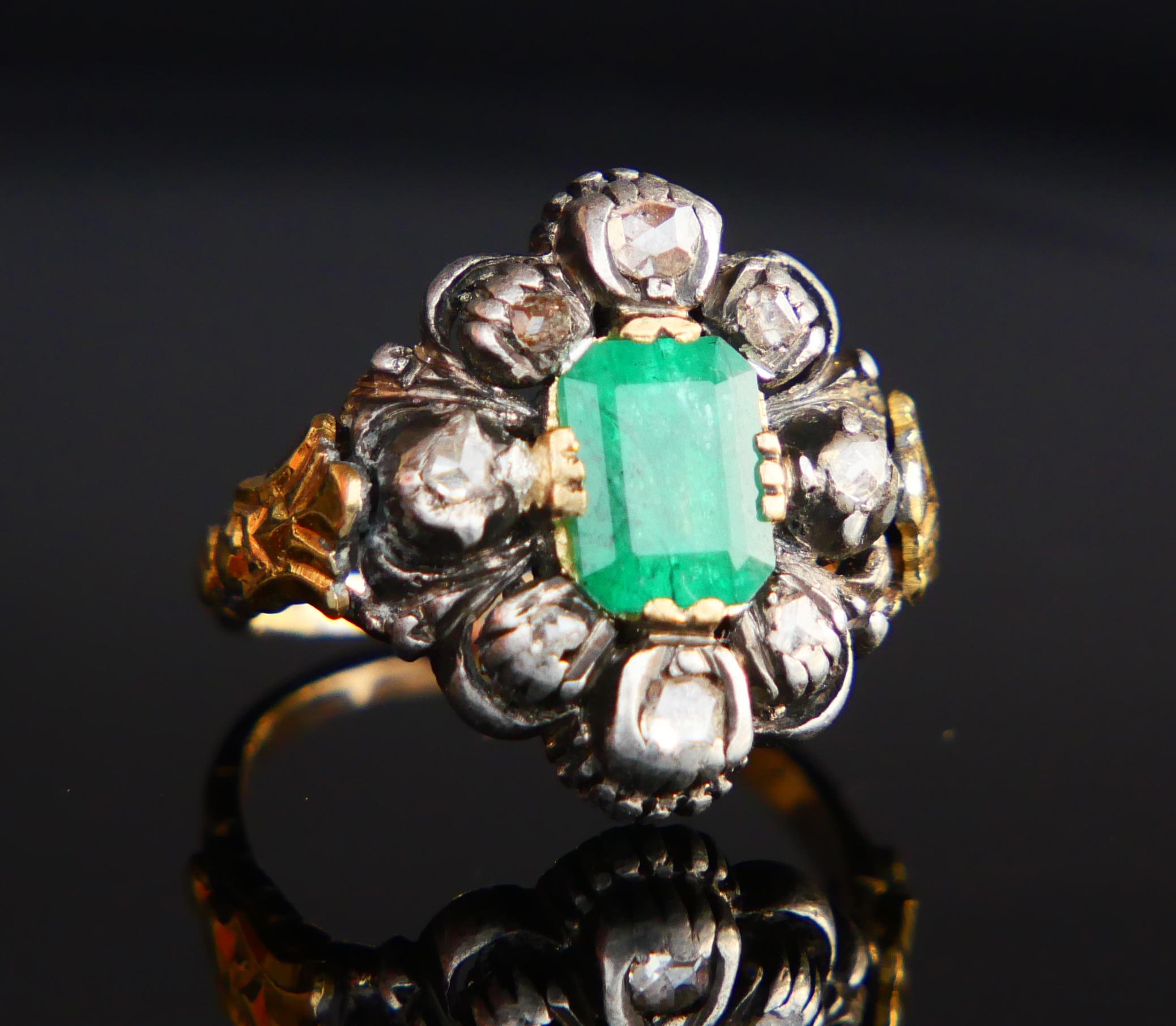 Art Deco Antique Ring 1.25ct Emerald 0.5ctw Diamonds solid 18K Gold Silver ØUS4.5 /5.35gr For Sale
