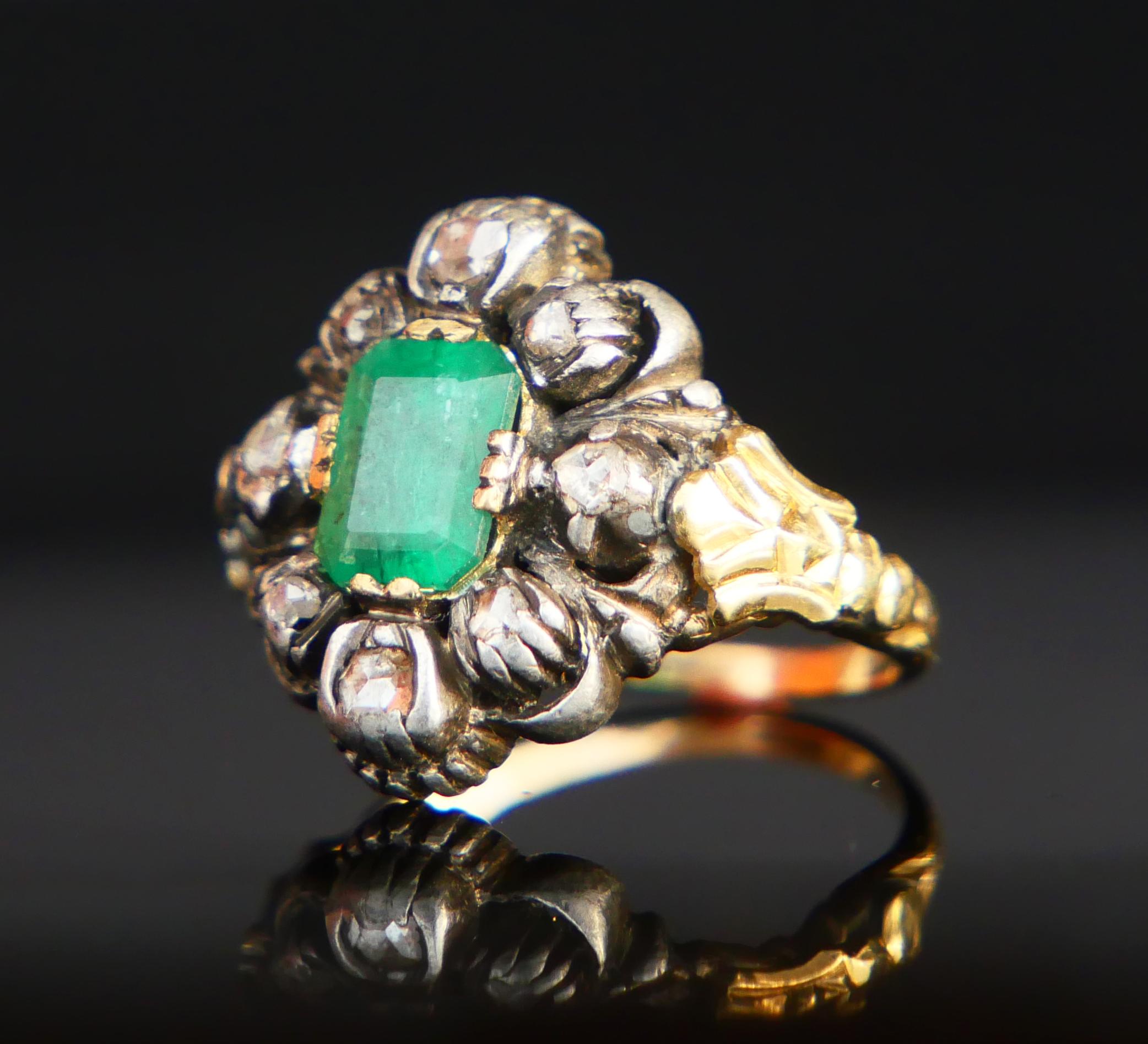 Old European Cut Antique Ring 1.25ct Emerald 0.5ctw Diamonds solid 18K Gold Silver ØUS4.5 /5.35gr For Sale