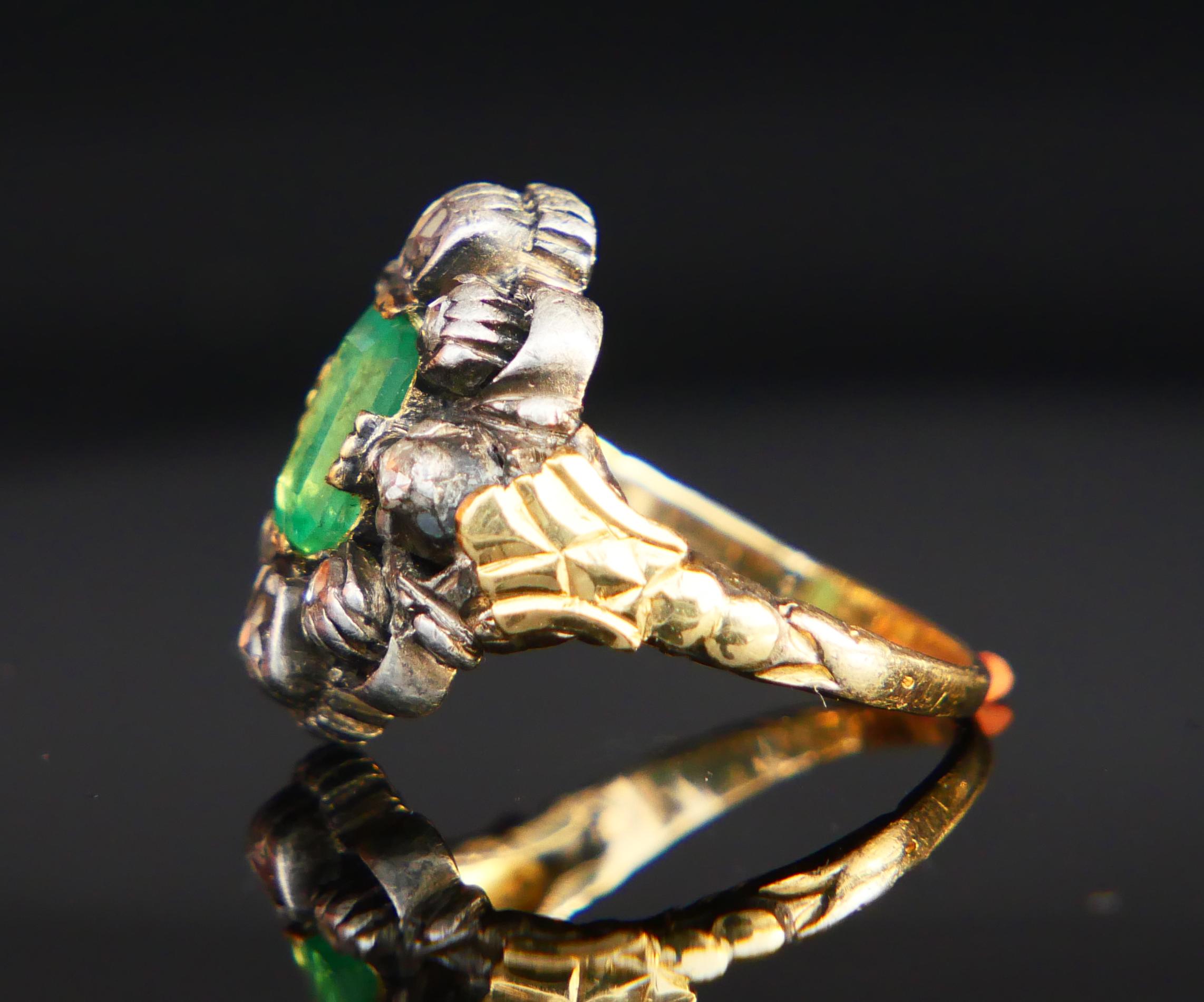 Women's Antique Ring 1.25ct Emerald 0.5ctw Diamonds solid 18K Gold Silver ØUS4.5 /5.35gr For Sale