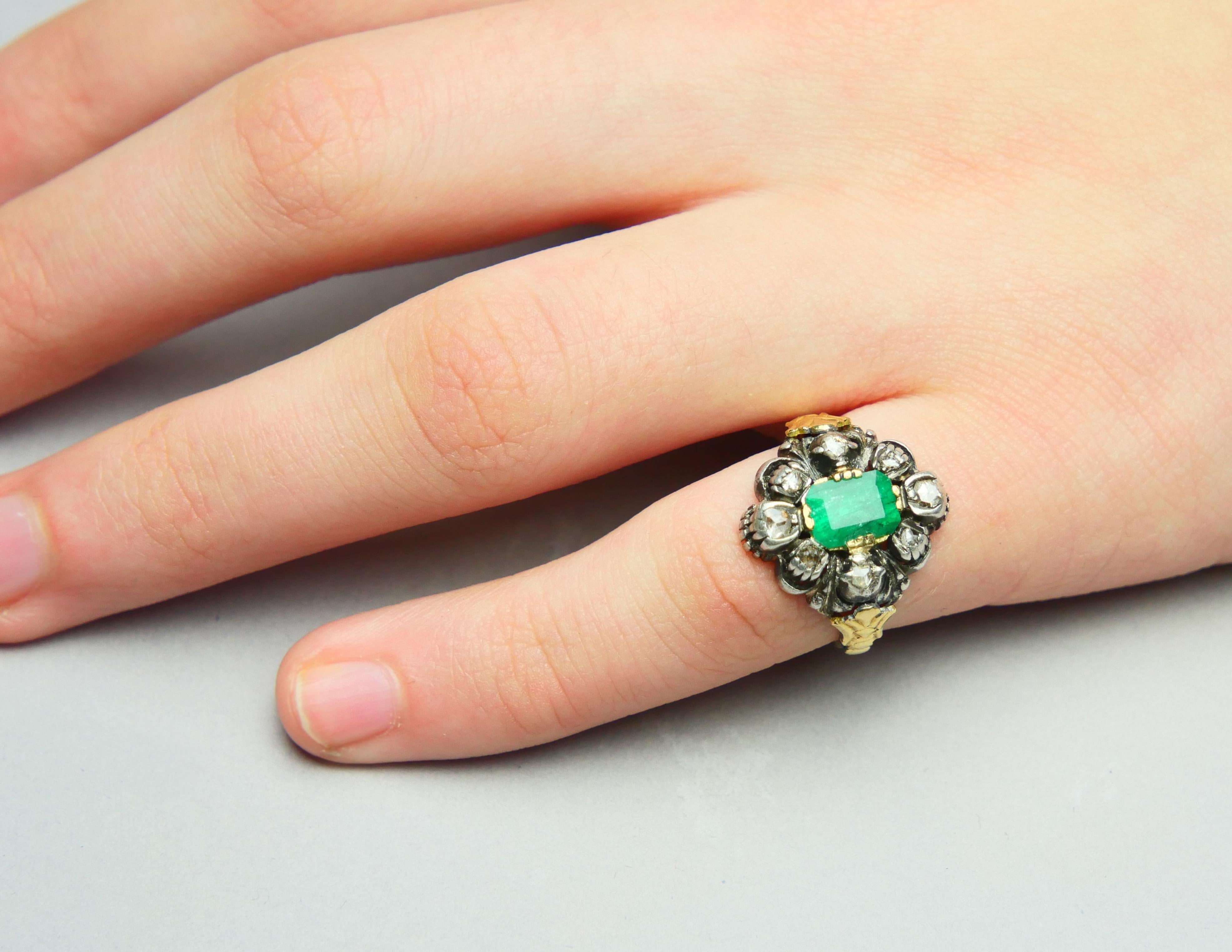 Antique Ring 1.25ct Emerald 0.5ctw Diamonds solid 18K Gold Silver ØUS4.5 /5.35gr For Sale 2