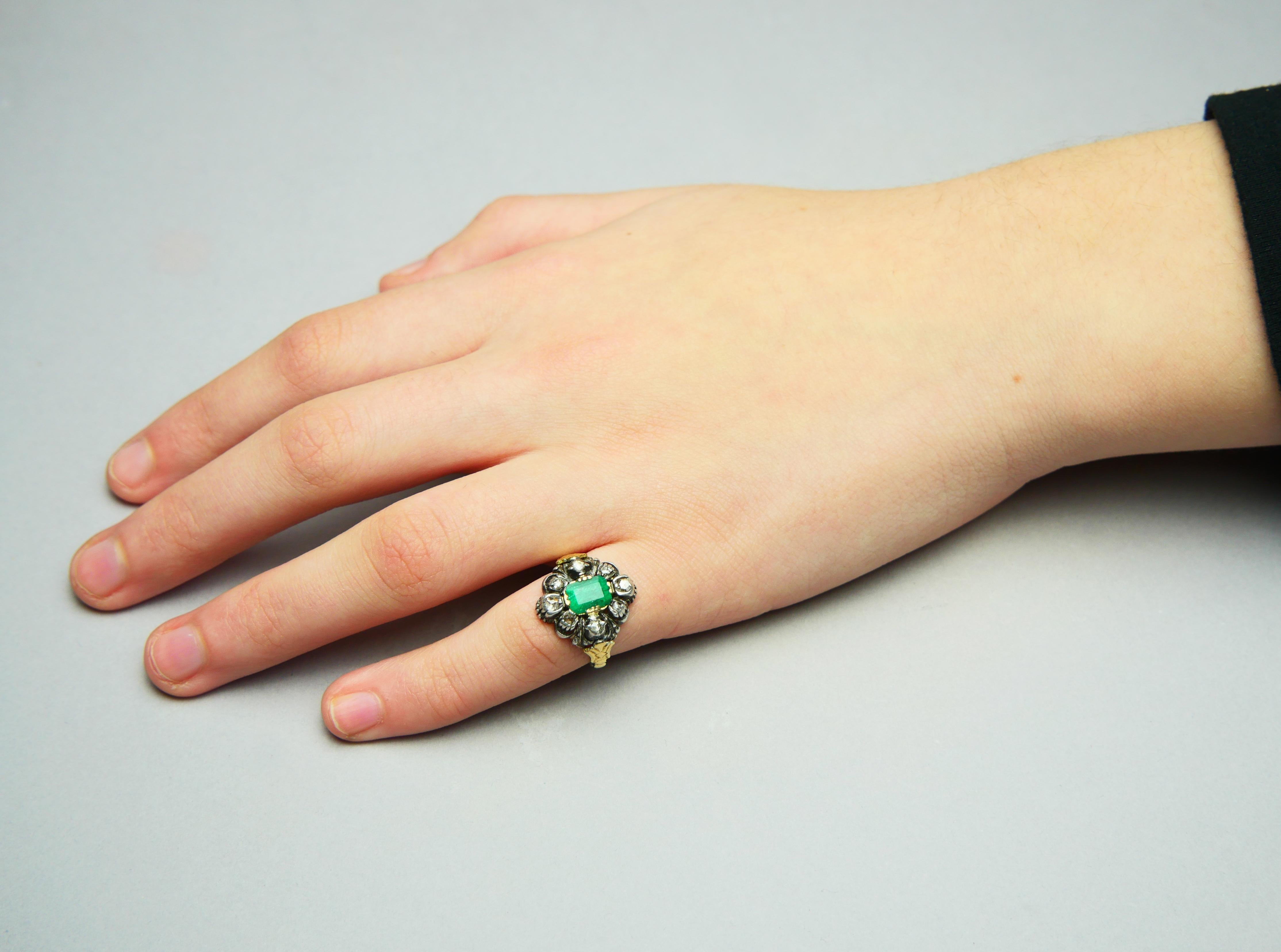 Antique Ring 1.25ct Emerald 0.5ctw Diamonds solid 18K Gold Silver ØUS4.5 /5.35gr For Sale 3
