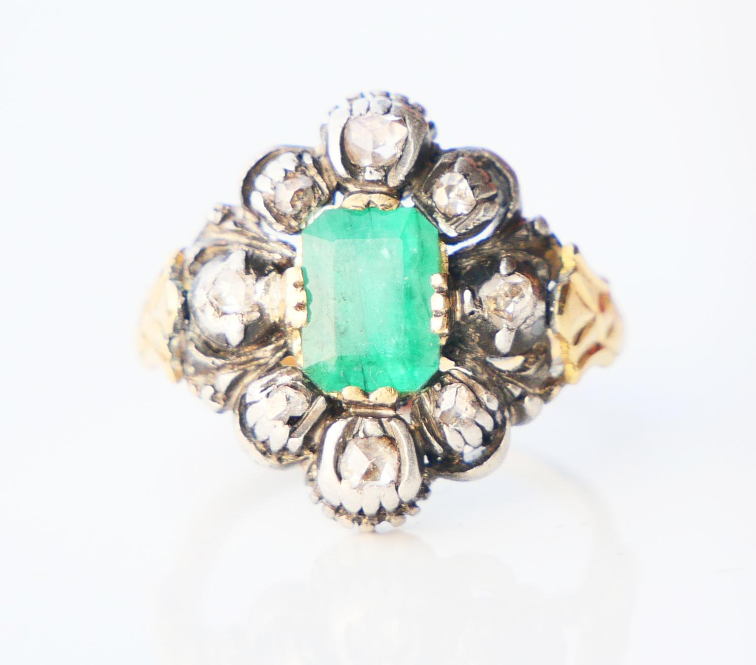 Antique Ring 1.25ct Emerald 0.5ctw Diamonds solid 18K Gold Silver ØUS4.5 /5.35gr For Sale 4