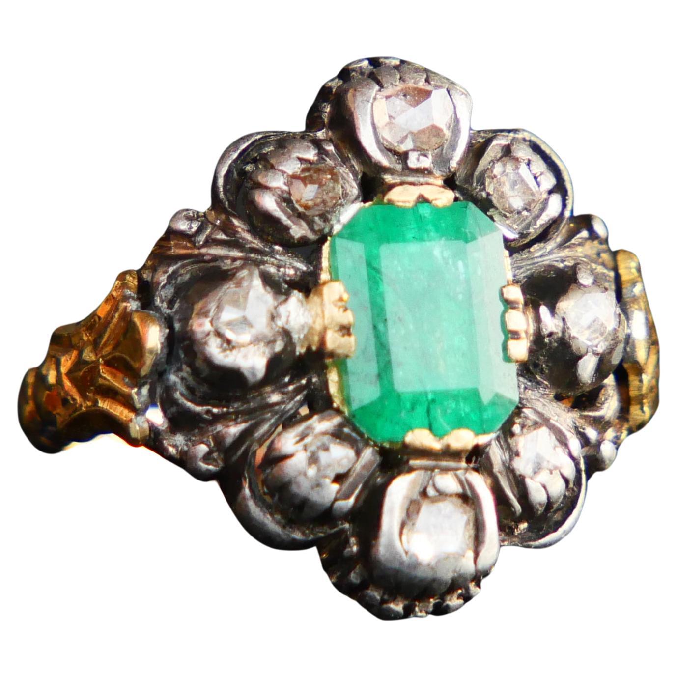 Antique Ring 1.25ct Emerald 0.5ctw Diamonds solid 18K Gold Silver ØUS4.5 /5.35gr For Sale