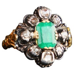 Antiker Ring 1.25ct Smaragd 0.5ctw Diamanten massiv 18K Gold Silber ØUS4.5 /5.35gr