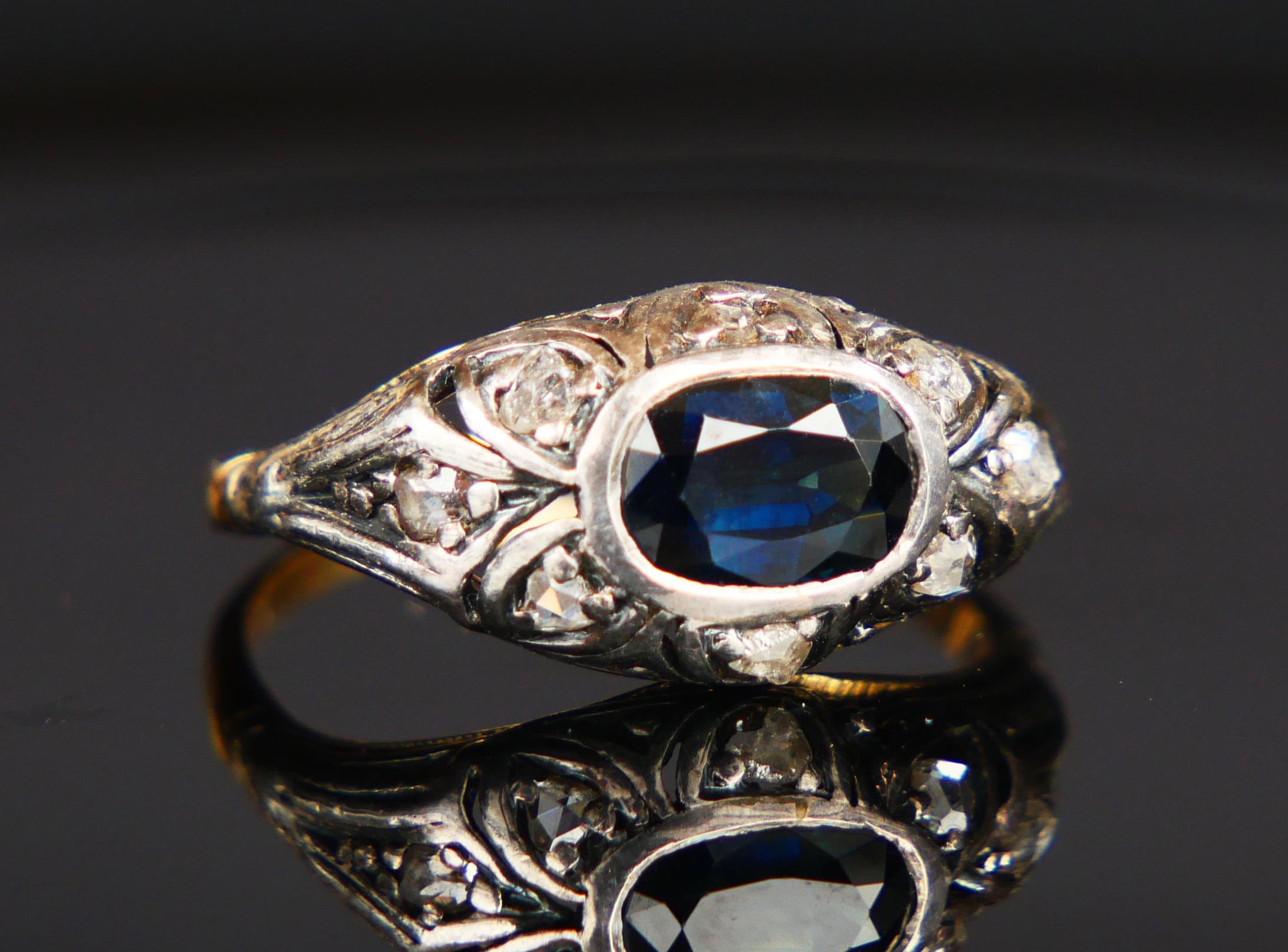 Antique Ring 1.25ct natural Sapphire Diamonds solid 18K Gold Silver Ø7.5US/2.5gr For Sale 6