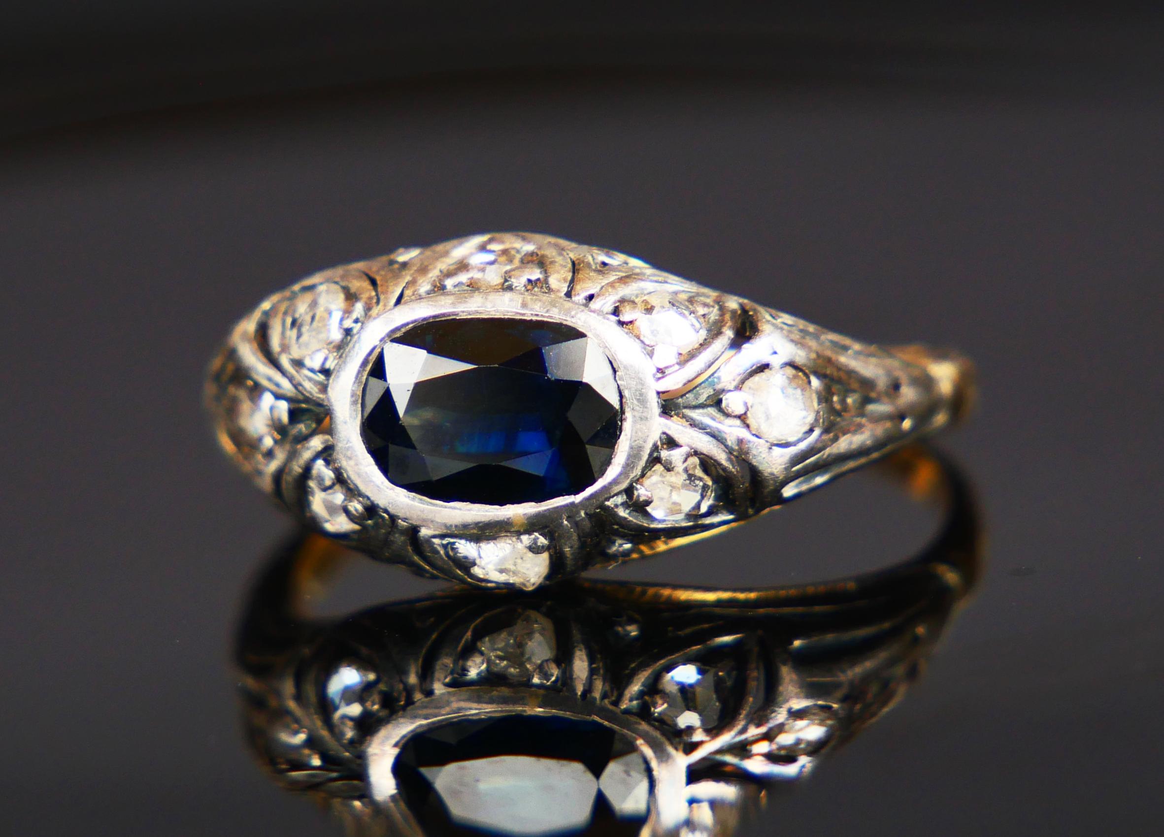 Antique Ring 1.25ct natural Sapphire Diamonds solid 18K Gold Silver Ø7.5US/2.5gr For Sale 8