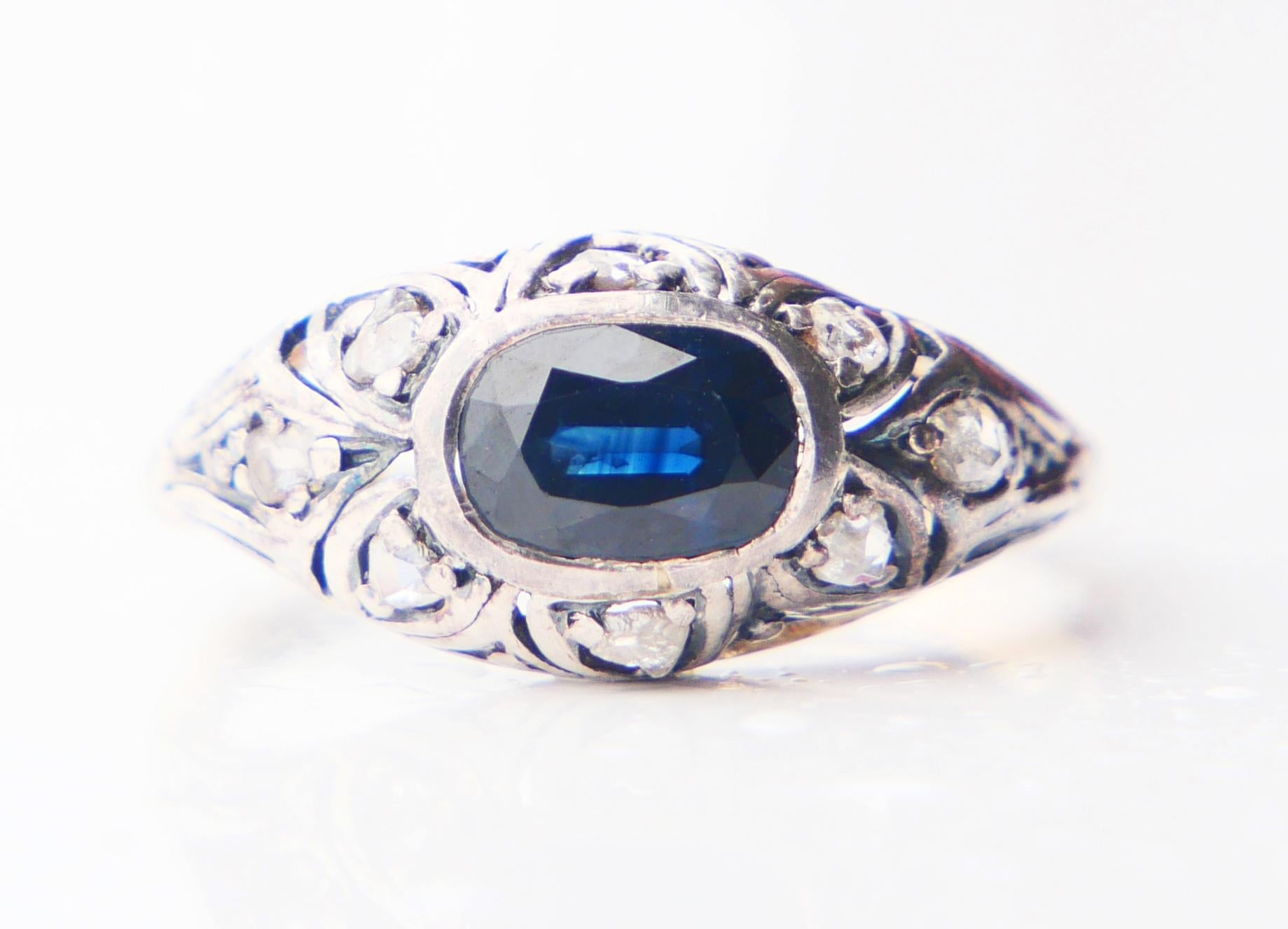 Art Nouveau Antique Ring 1.25ct natural Sapphire Diamonds solid 18K Gold Silver Ø7.5US/2.5gr For Sale