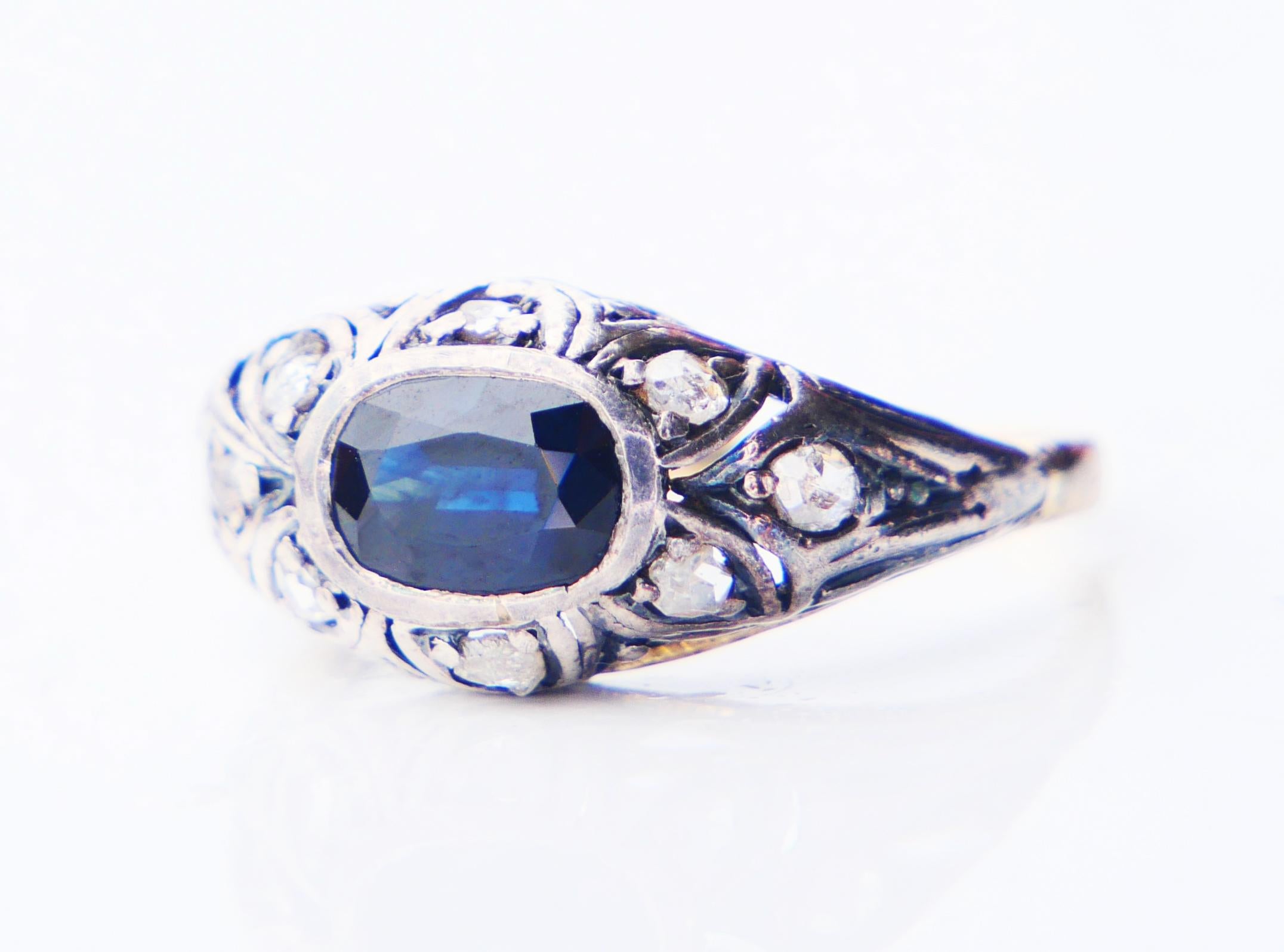 Oval Cut Antique Ring 1.25ct natural Sapphire Diamonds solid 18K Gold Silver Ø7.5US/2.5gr For Sale