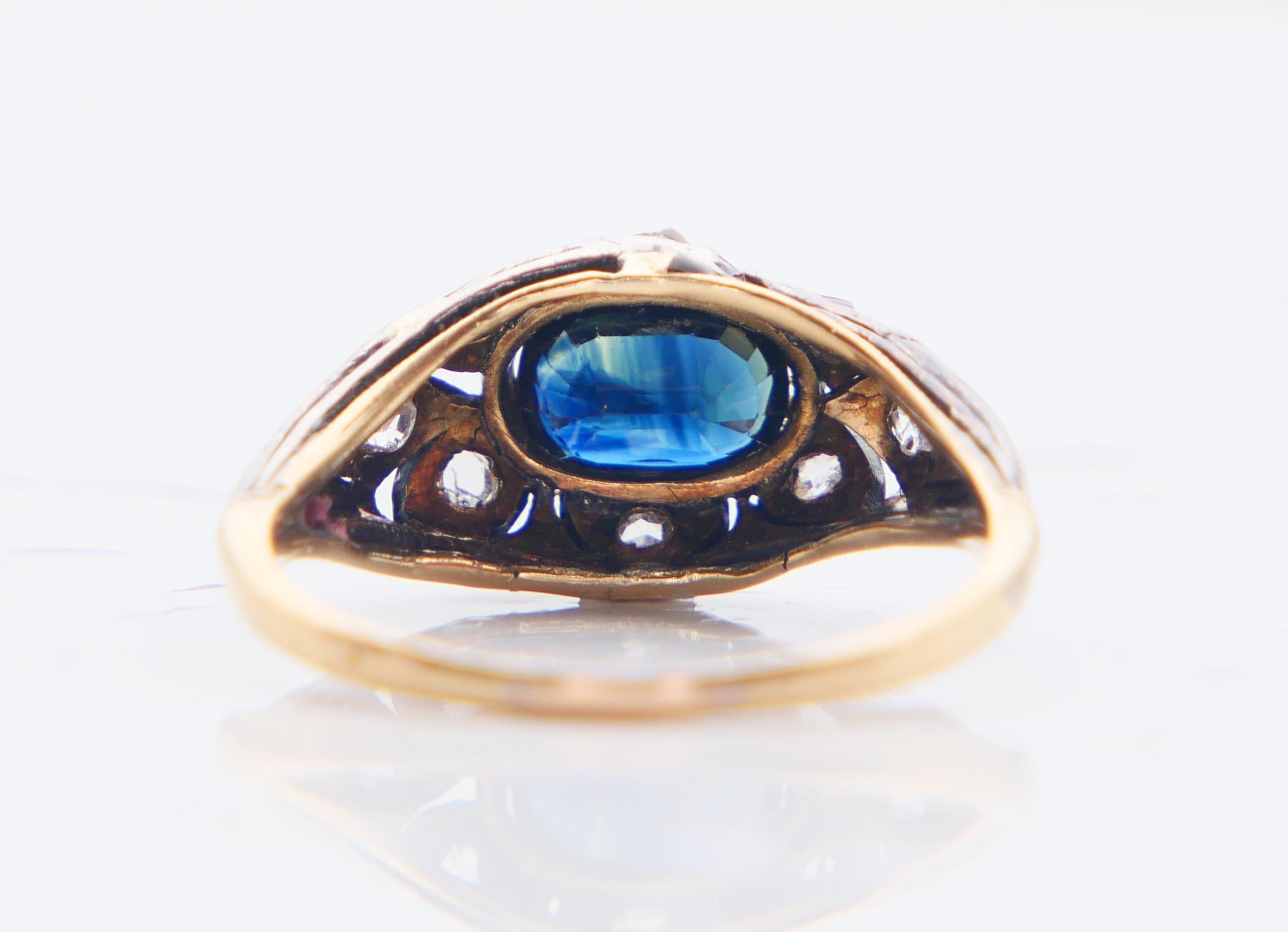 Women's Antique Ring 1.25ct natural Sapphire Diamonds solid 18K Gold Silver Ø7.5US/2.5gr For Sale