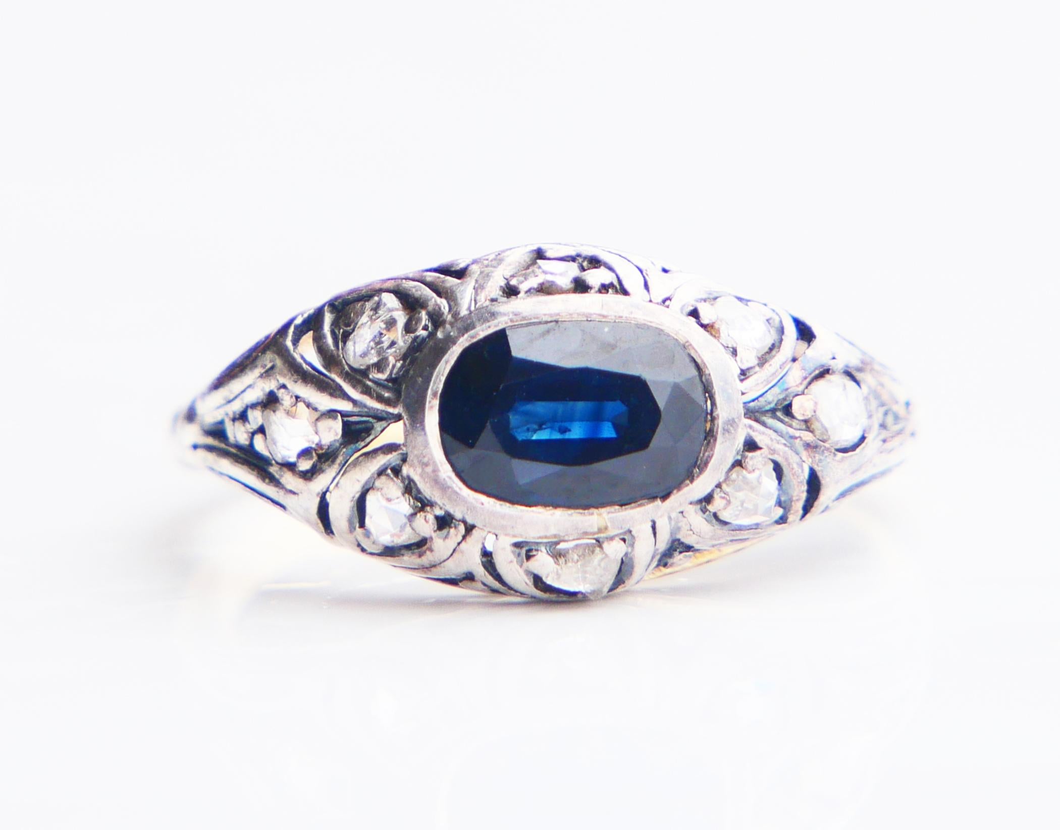 Antique Ring 1.25ct natural Sapphire Diamonds solid 18K Gold Silver Ø7.5US/2.5gr For Sale 1