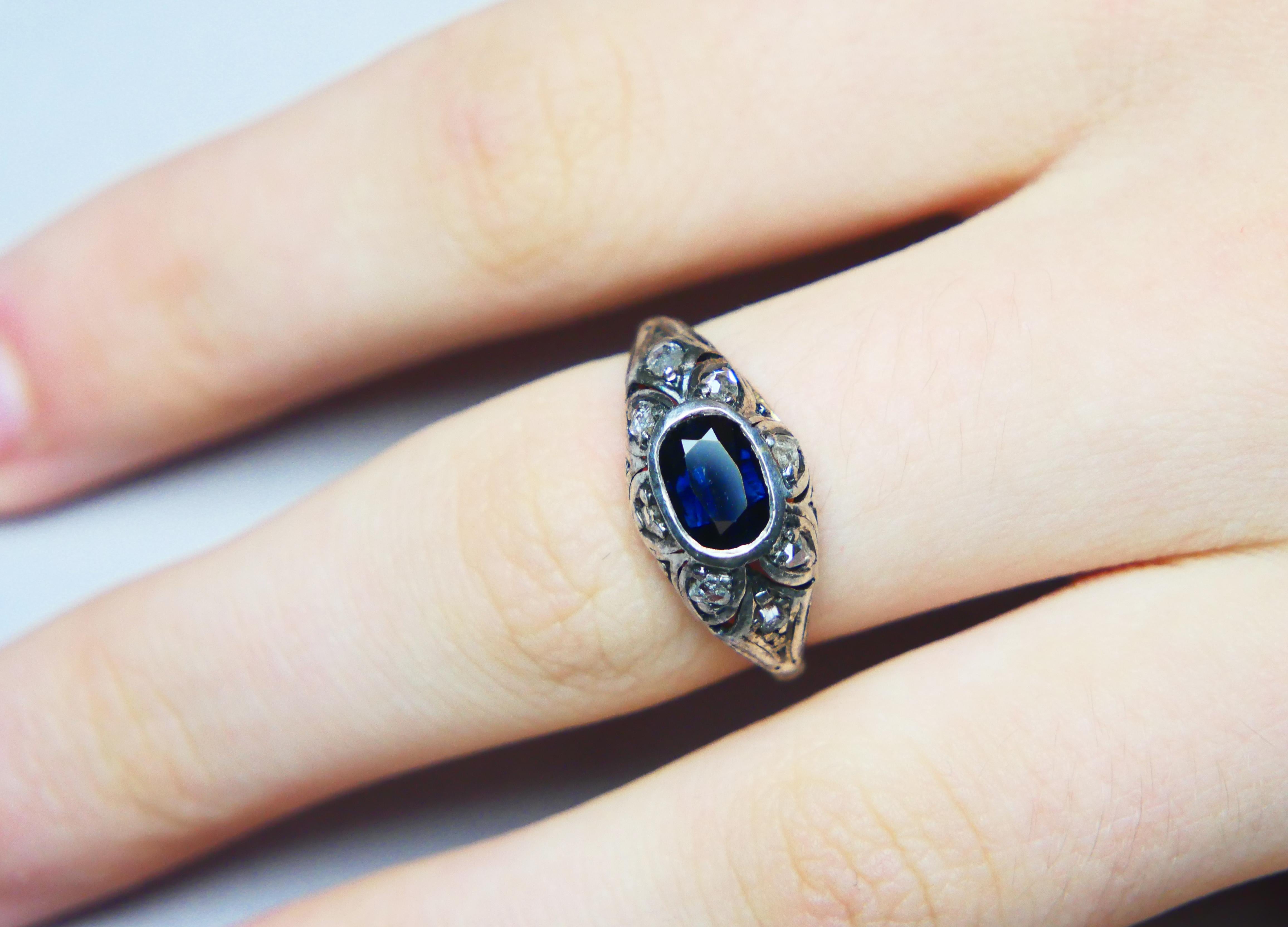 Antique Ring 1.25ct natural Sapphire Diamonds solid 18K Gold Silver Ø7.5US/2.5gr For Sale 3