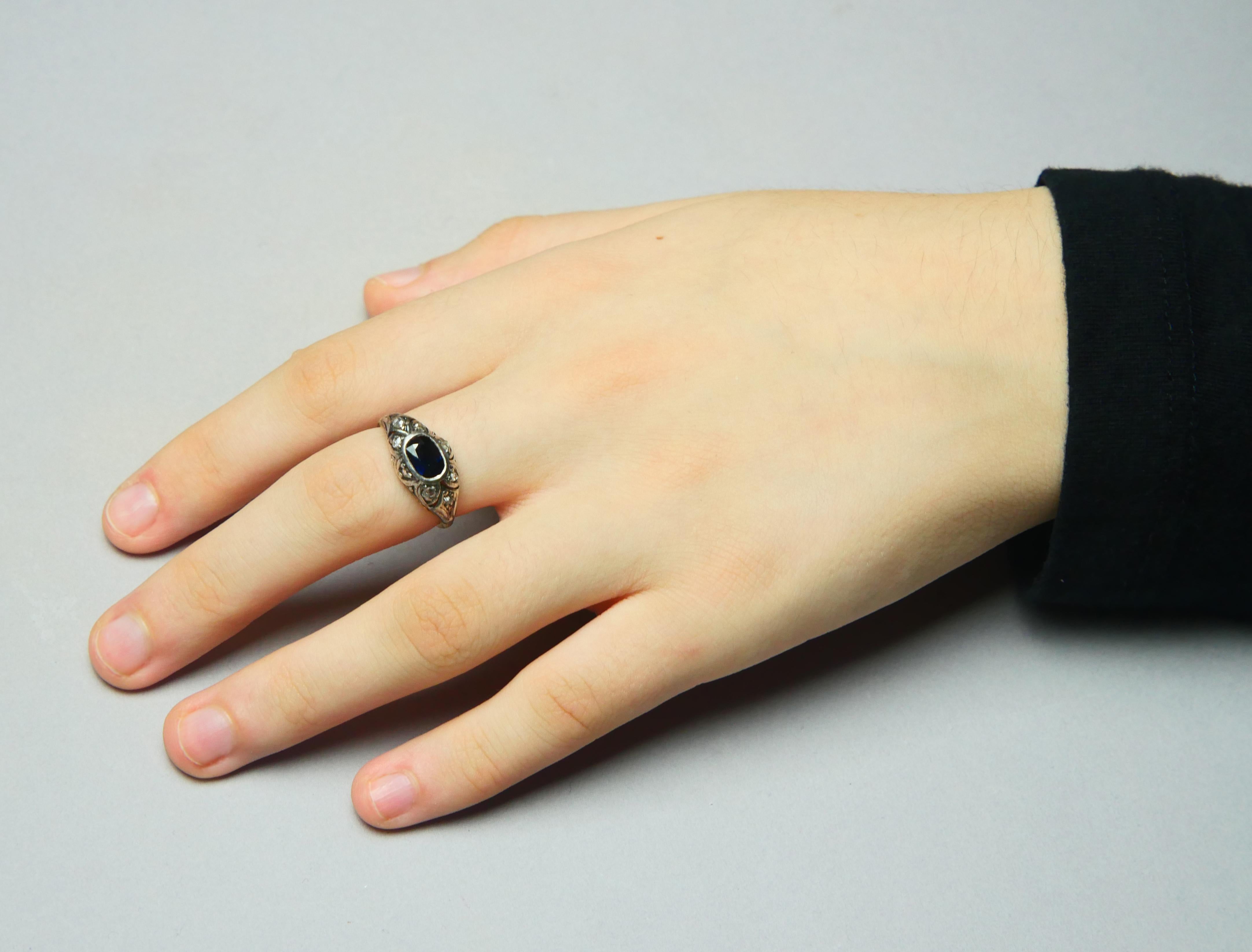 Antique Ring 1.25ct natural Sapphire Diamonds solid 18K Gold Silver Ø7.5US/2.5gr For Sale 4