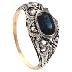 Antique Ring 1.25ct natural Sapphire Diamonds solid 18K Gold Silver Ø7.5US/2.5gr