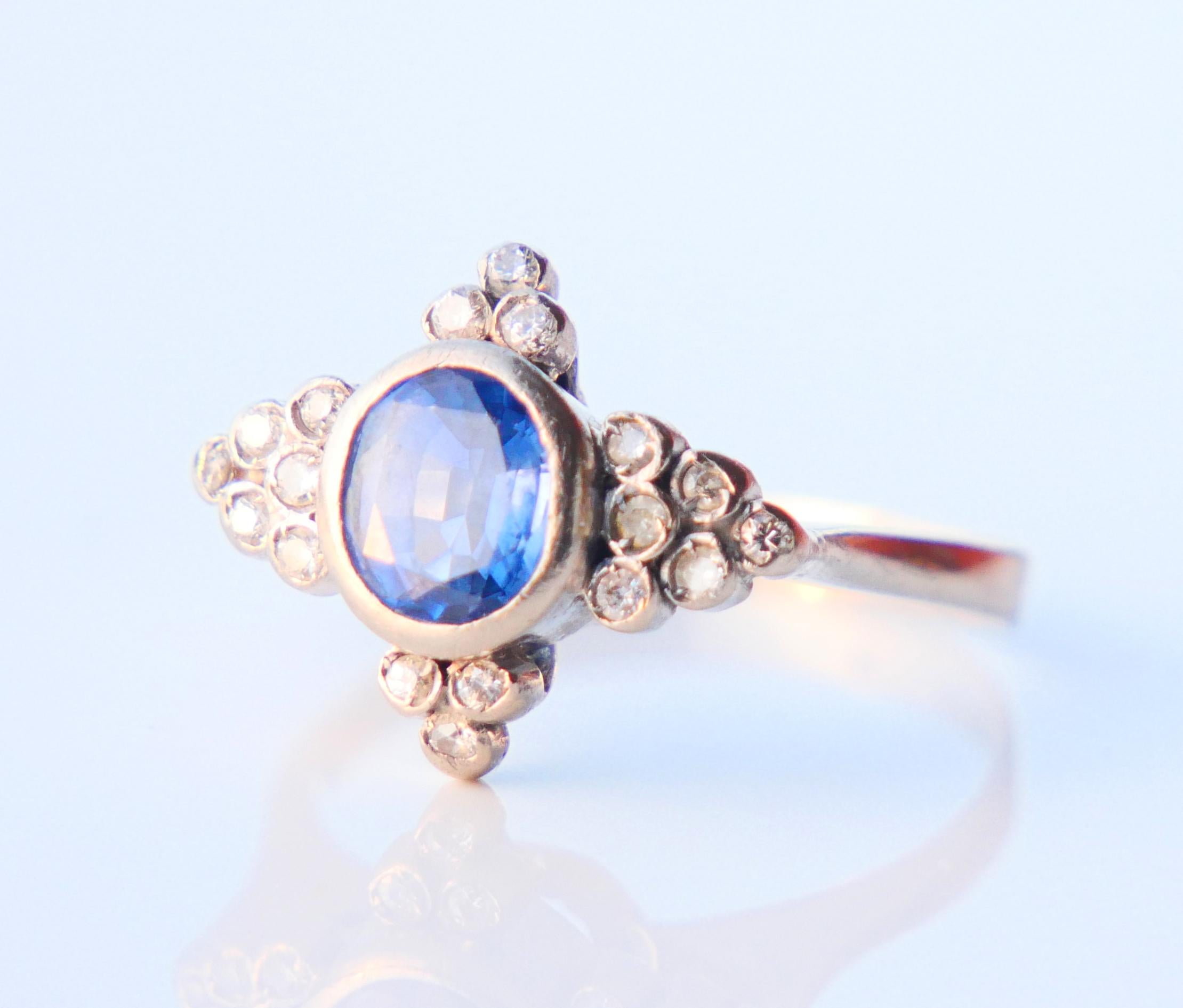 Antique Ring 1.2ct Cornflower Sapphire 0.6ct Diamonds 18K White Gold Ø6.5US/5.4g For Sale 6