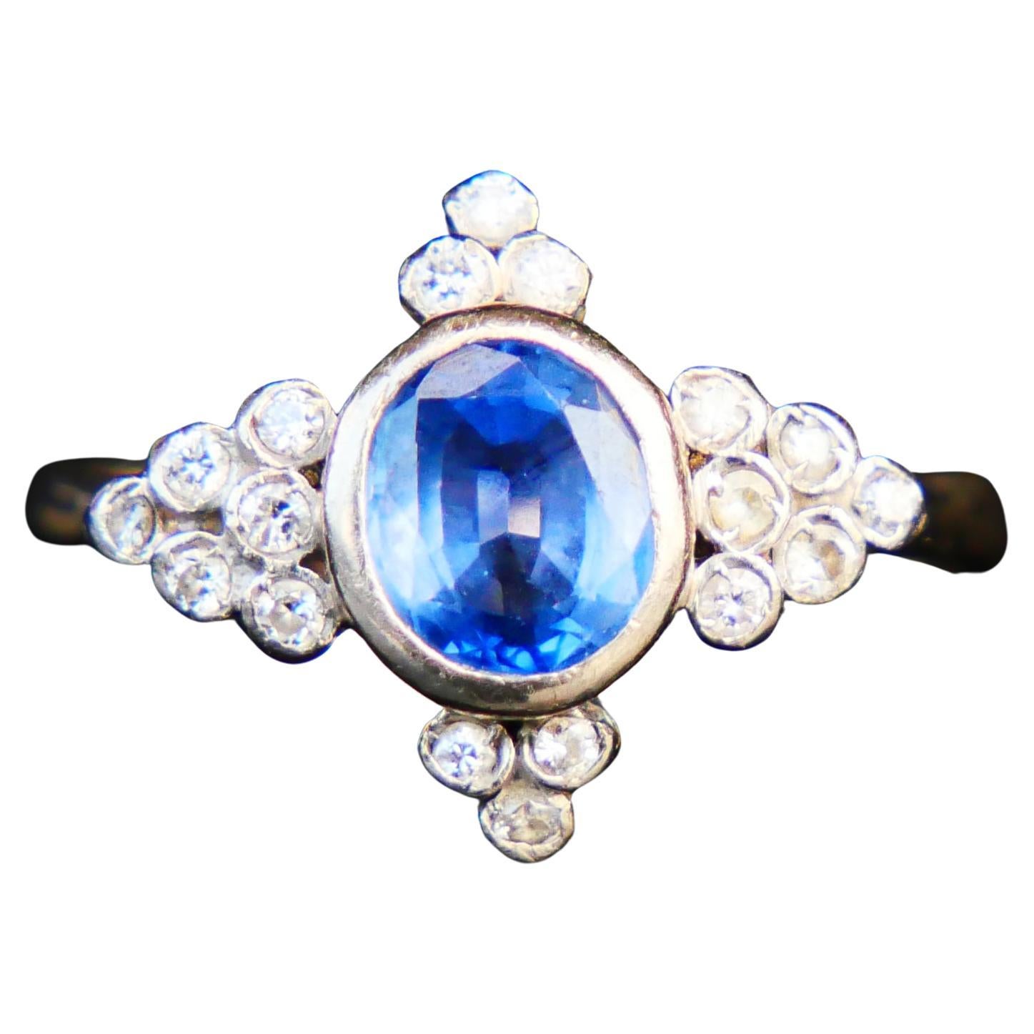 German Ring from 1930s in solid 18K White Gold with natural Cornflower Blue Sapphire and Diamonds.

Natural transparent Ceylon Sapphire of old European oval cut , color is light Blue / VS , measures 6.5 mm x 5.5 mm x 3.8 mm mm deep / ca. 1.2 ct