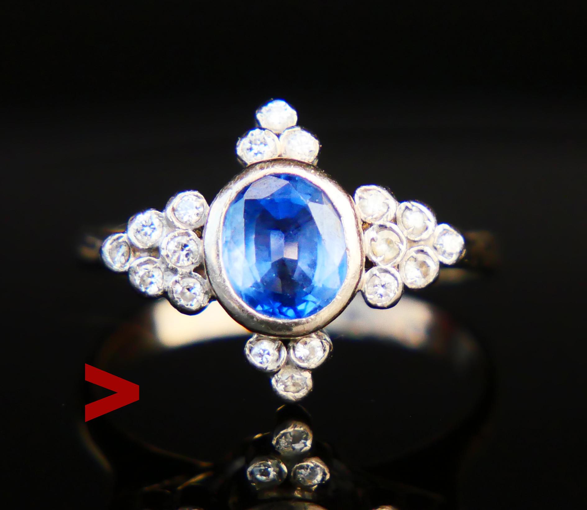 Art Deco Antique Ring 1.2ct Cornflower Sapphire 0.6ct Diamonds 18K White Gold Ø6.5US/5.4g For Sale