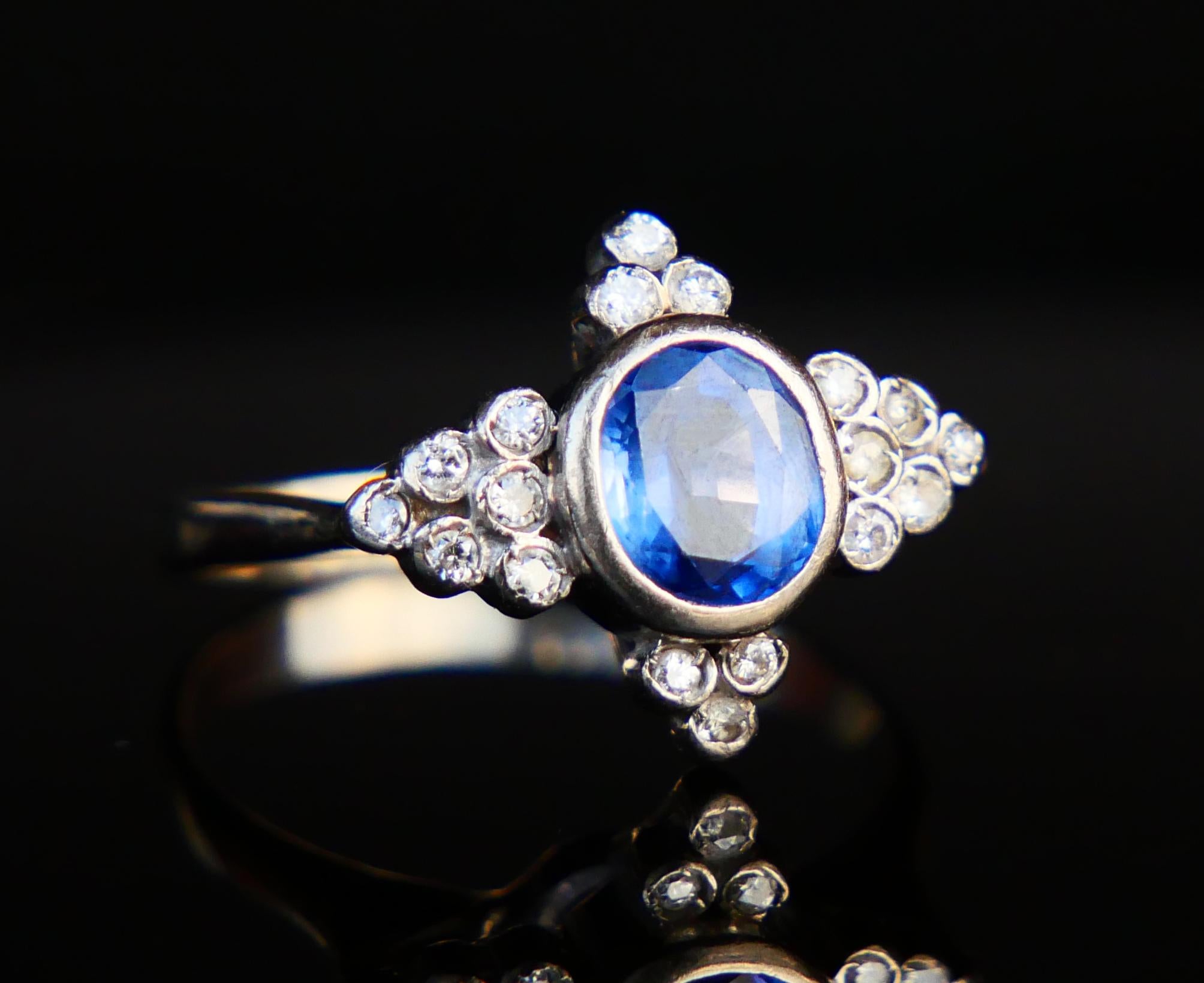 Oval Cut Antique Ring 1.2ct Cornflower Sapphire 0.6ct Diamonds 18K White Gold Ø6.5US/5.4g For Sale