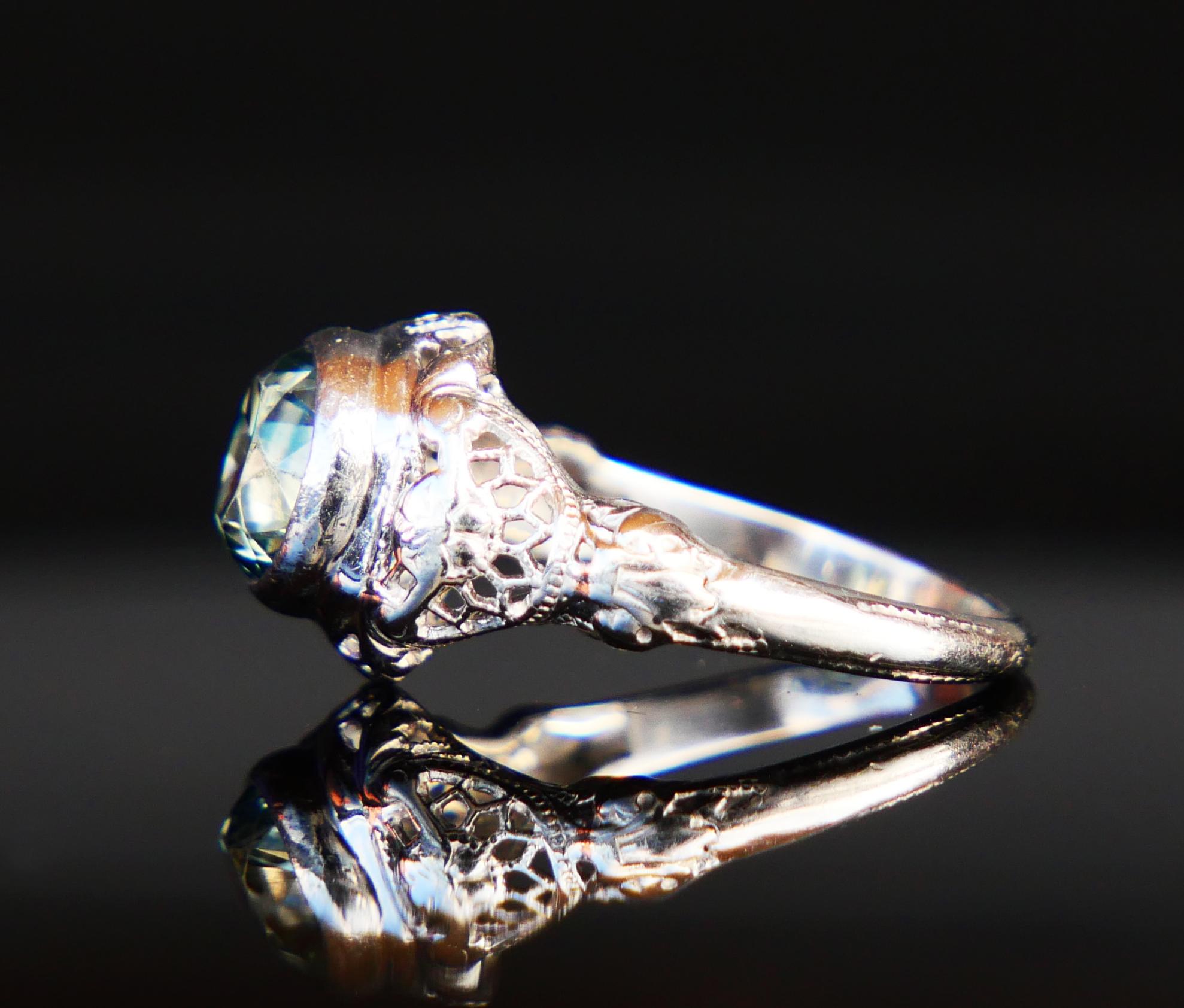 Old European Cut Antique Ring 1.75ct natural Blue-Green Zircon solid 18K White Gold ØUS3.5 /2.8gr For Sale