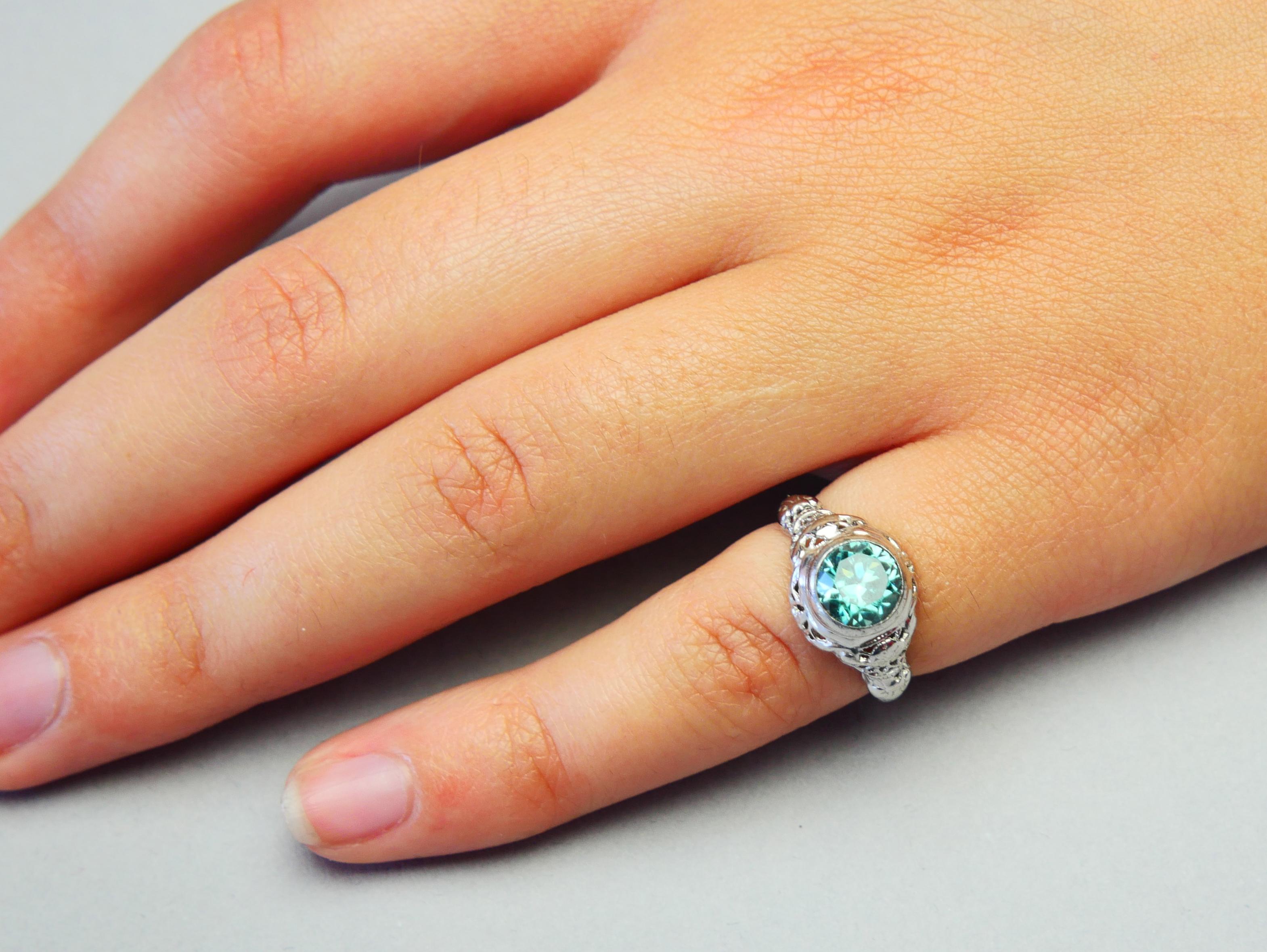 Antique Ring 1.75ct natural Blue-Green Zircon solid 18K White Gold ØUS3.5 /2.8gr For Sale 1