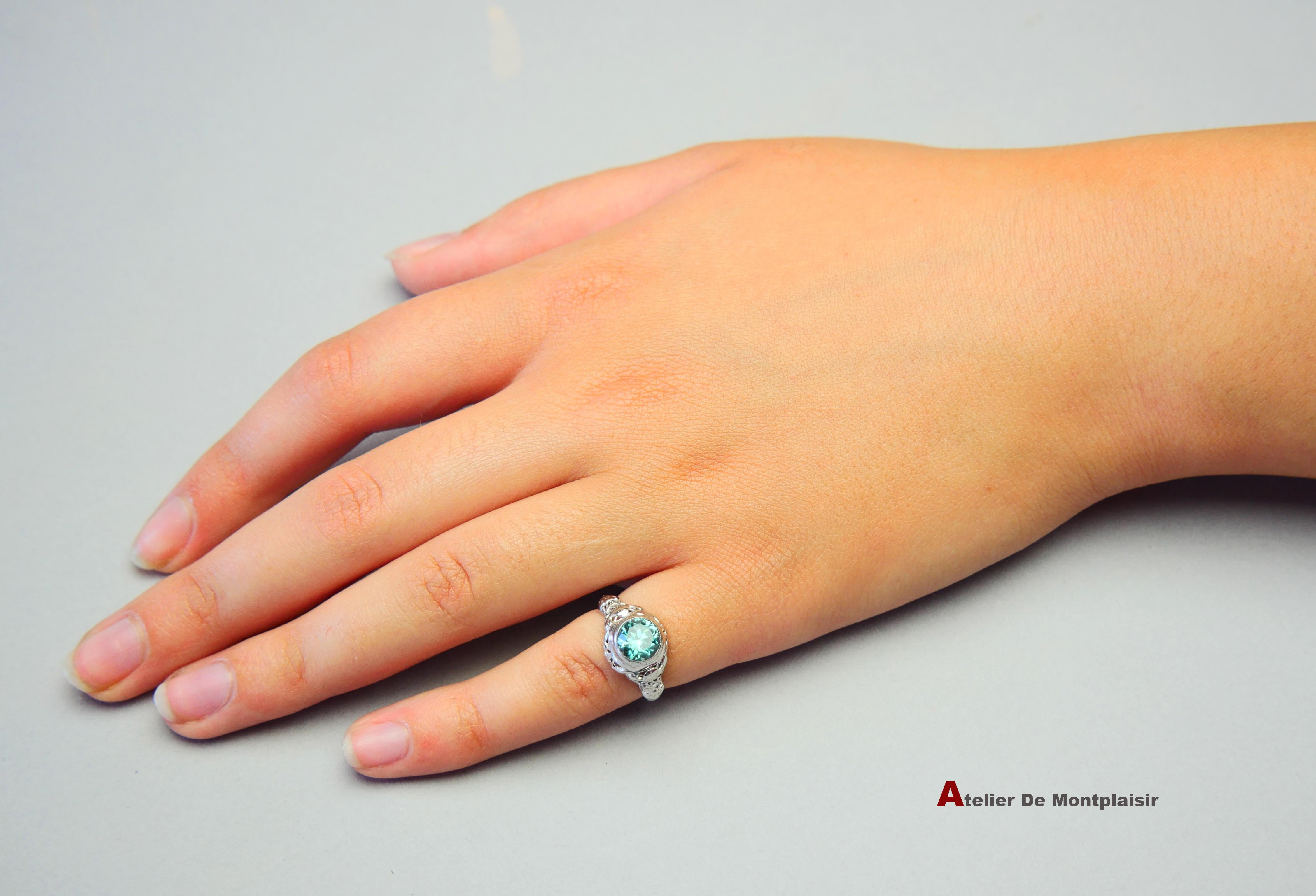 Antique Ring 1.75ct natural Blue-Green Zircon solid 18K White Gold ØUS3.5 /2.8gr For Sale 2