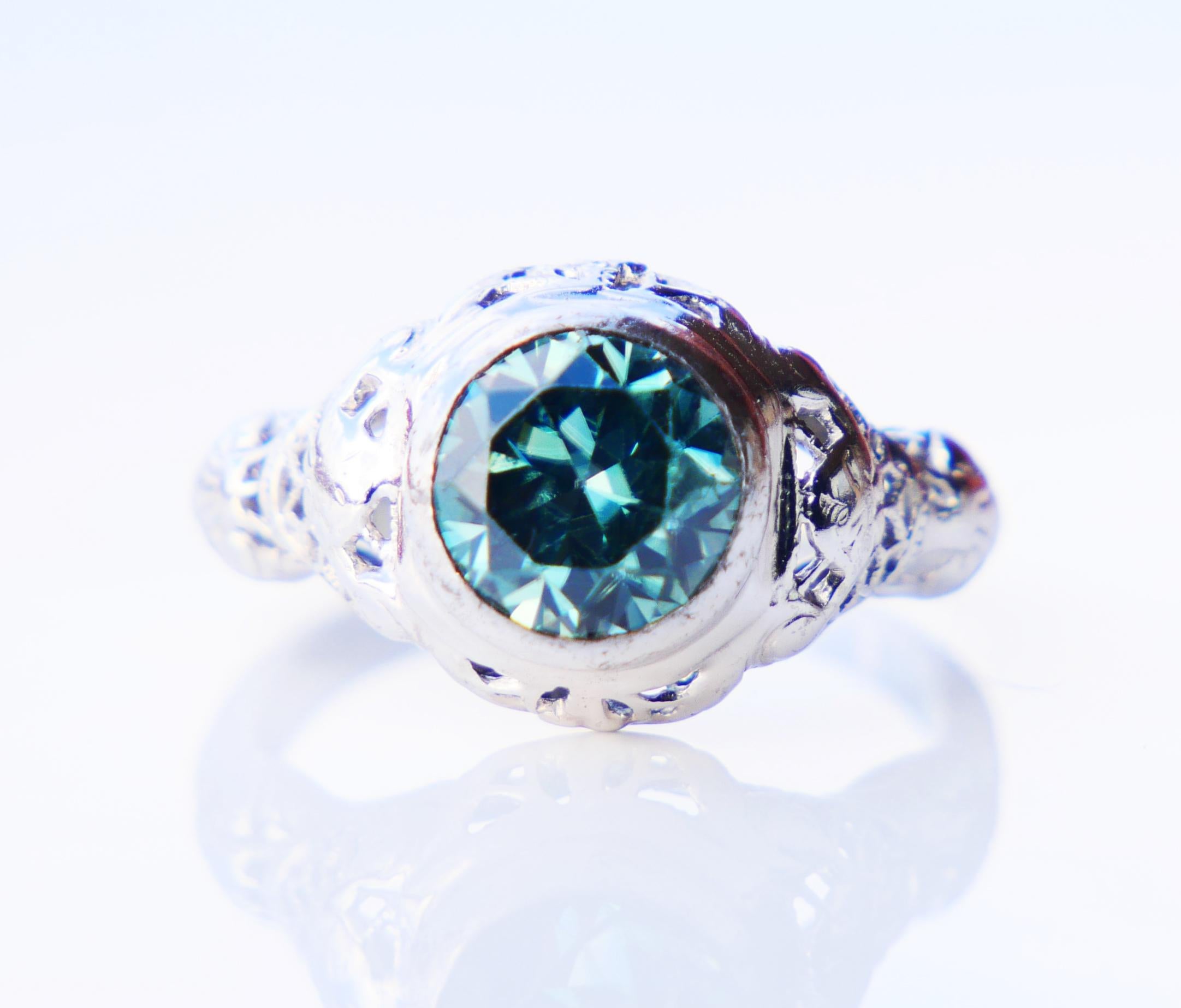Antique Ring 1.75ct natural Blue-Green Zircon solid 18K White Gold ØUS3.5 /2.8gr For Sale 3